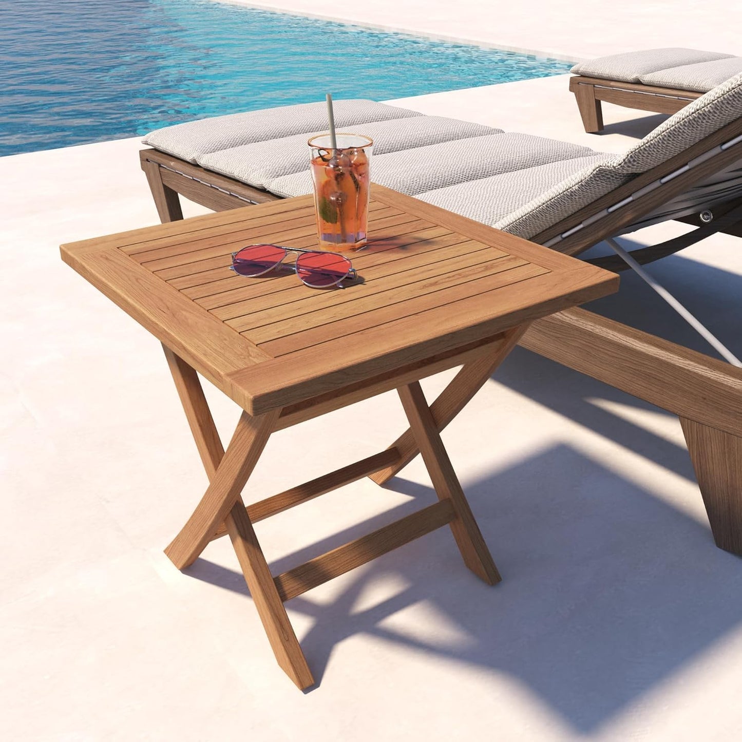 Teak Wood Square Patio Side Table, Outdoor Side Table Waterproof Natural Wood, Sturdy Portable Bistro Table for Camping Deck Poolside