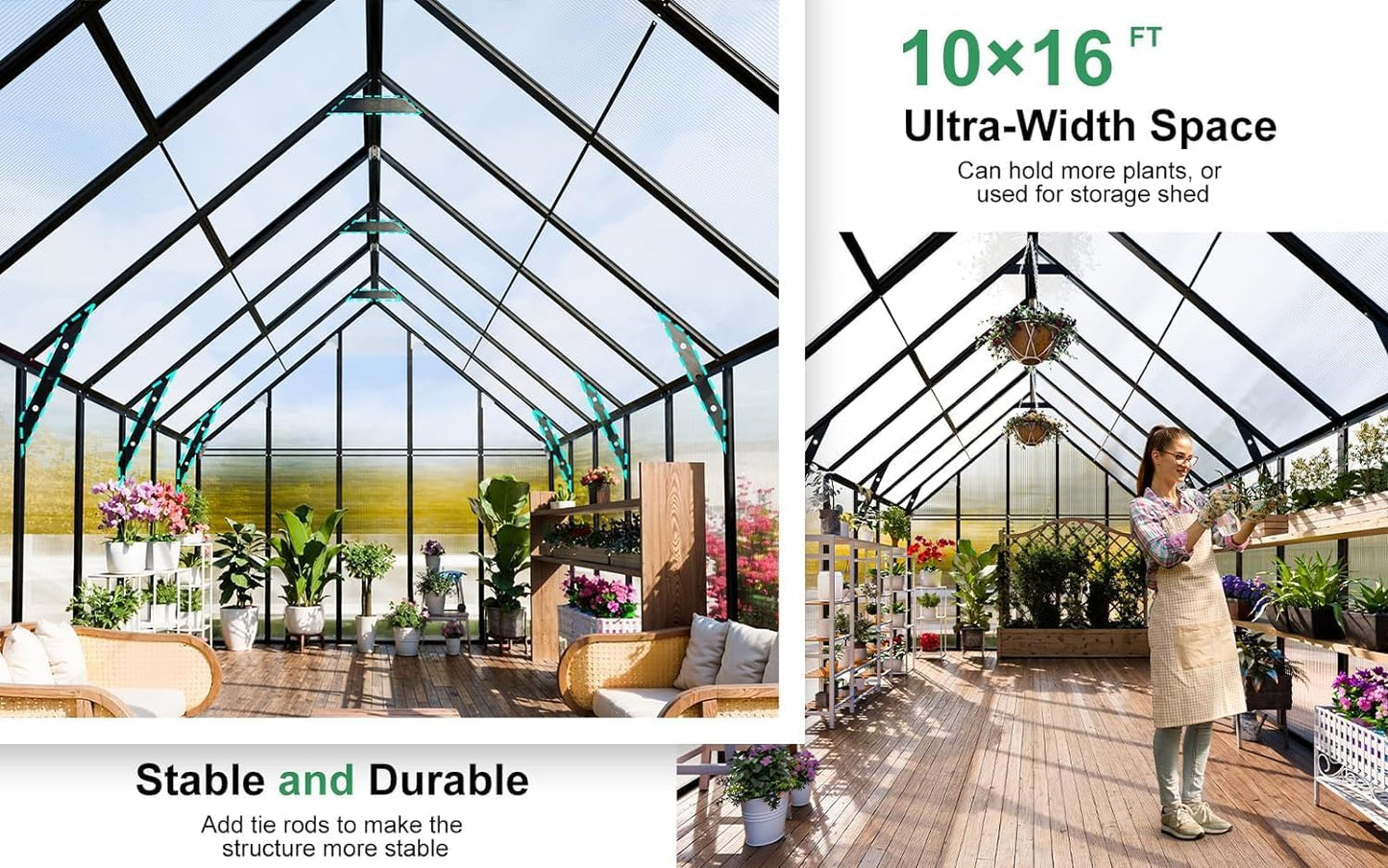 CDCASA 10x16x10 FT Greenhouse for Outdoors, Large Thicker Aluminum Polycarbonate Greenhouses w/3 Vents Window, Swing Door & Quickly T Connector Walk-in Green House for Outside, Backyard, Garden