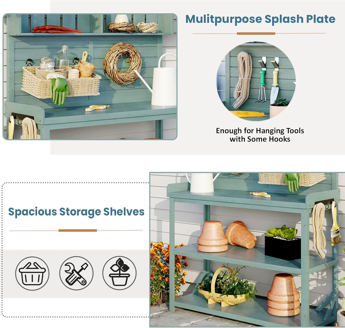 65" Wooden Potting Bench with 4 Shelves & Side Hook - Farmhouse Style Outdoor Garden Workstation (Green + Solid Wood + NaturalWood Color-1)