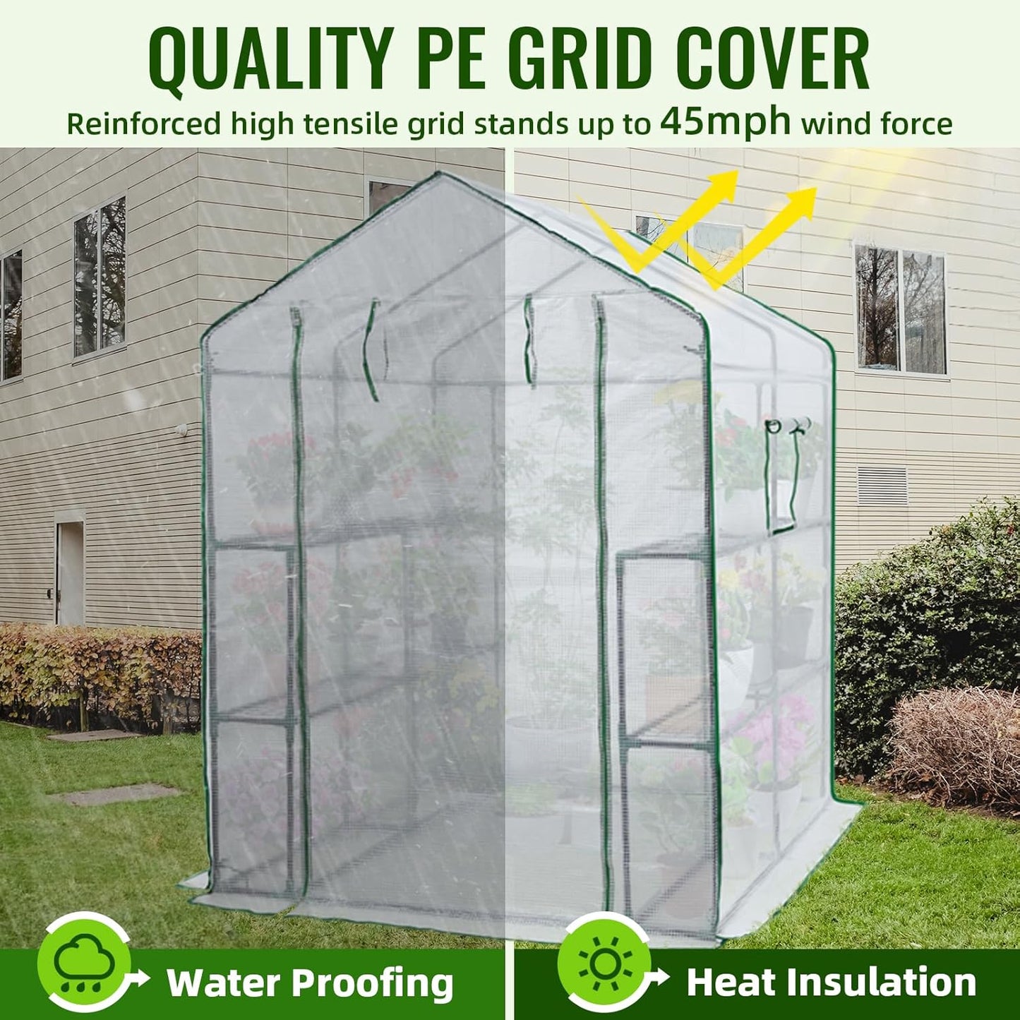 Greengro Greenhouse, 57 x 57 x 76'' Greenhouses for Outdoors, Portable Greenhouse Kit with Mesh Side Windows, PE Cover, 8 Shelves, Heavy Duty Walk in Green House for Backyard Garden Indoor Outside