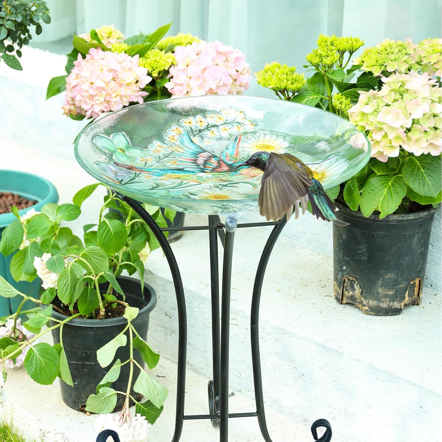 MUMTOP Bird Bath-Bird Baths for Outdoors - Hummingbird Glass Large Bird Bath Bowl with Metal Stand, Bird Feeders for Outside and Garden, Patio,Lawn Decor