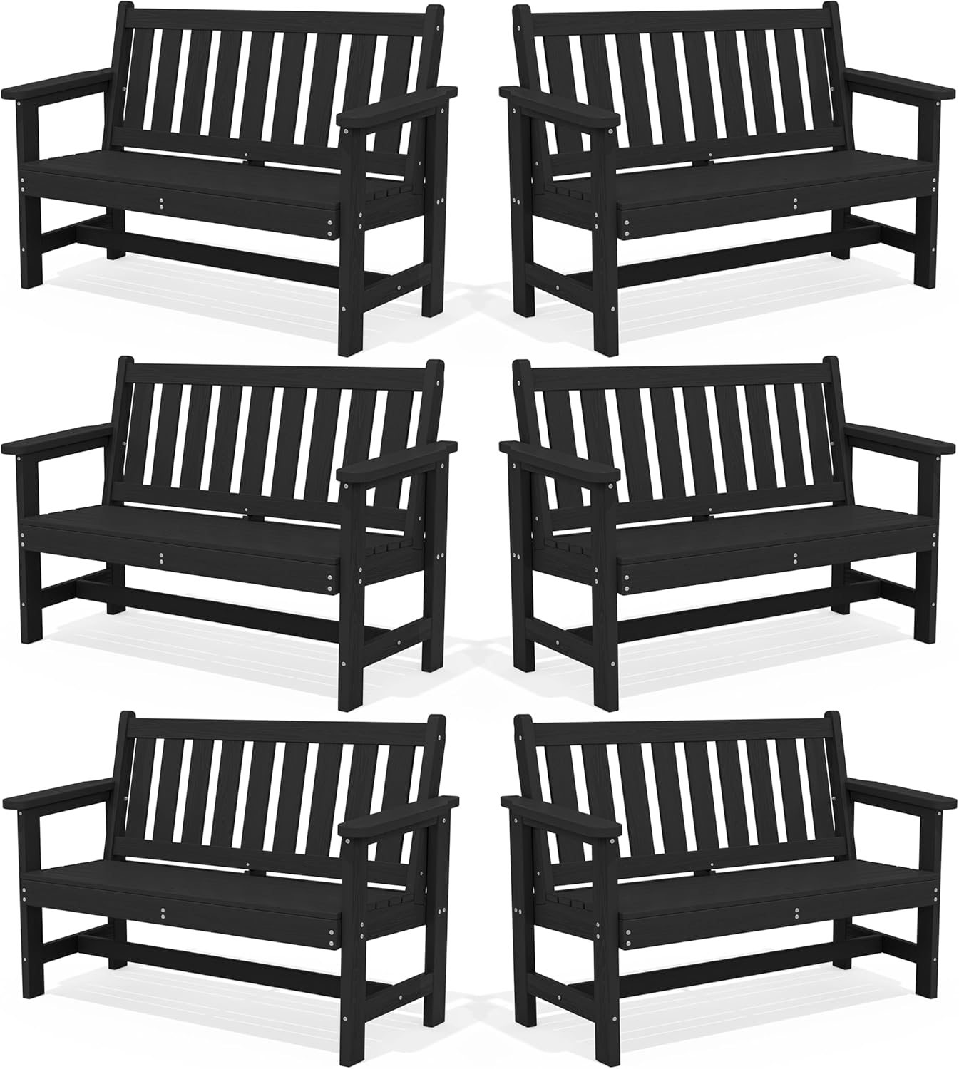 SERWALL Outdoor Bench, HDPE Outdoor Benches Weatherproof, 2-Person Garden Bench with 660 lbs Weight Capacity, Patio Benches for Outdoors, Garden, Porch, Backyard and Park, Black, 6 Pack