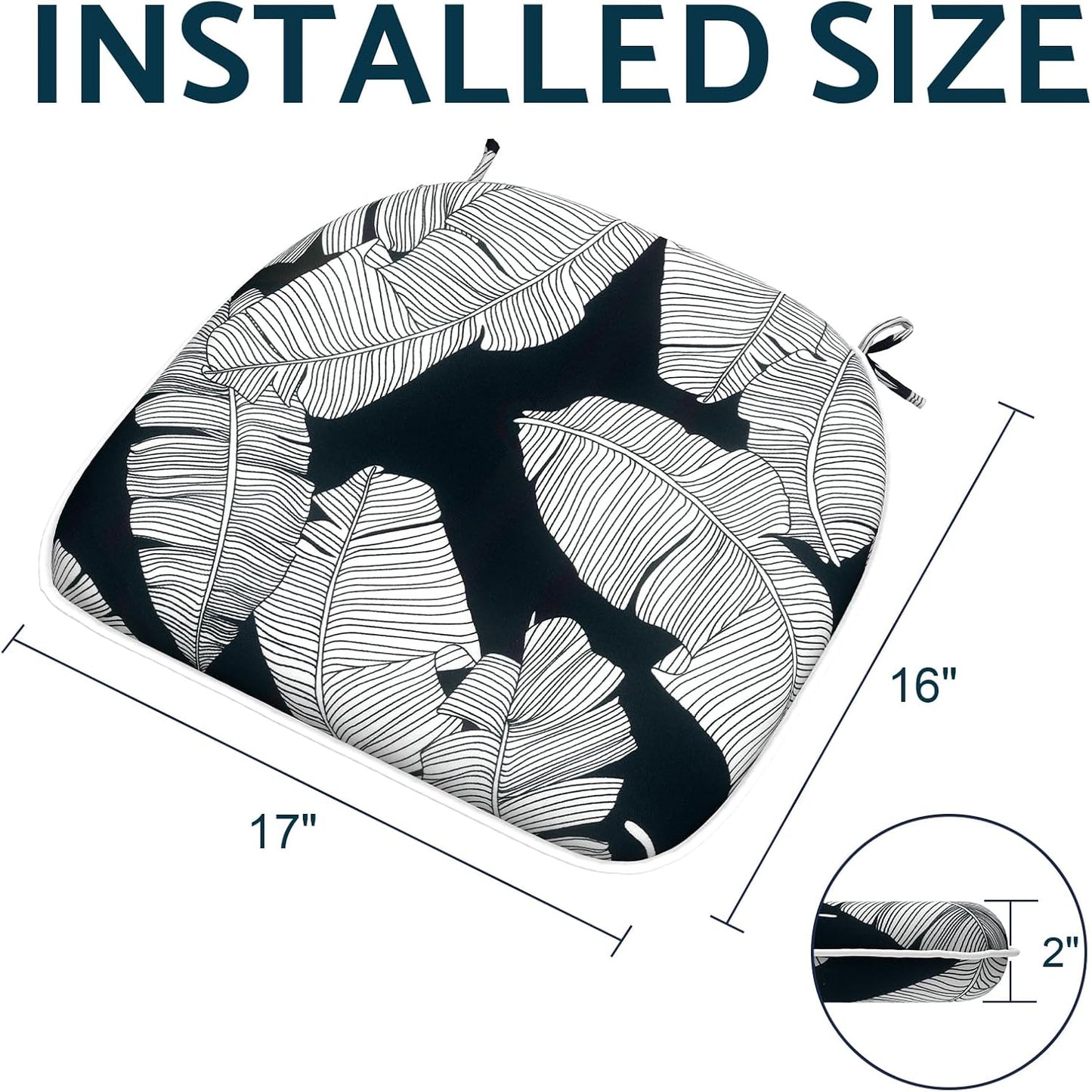 Indoor/Outdoor Chair Cushions 16x17 Inch, Patio Chair Cushions with Ties, All Weather Seat Cushions for Patio Furniture Home Garden Chair Use, Set of 4, Black Lush Leaves