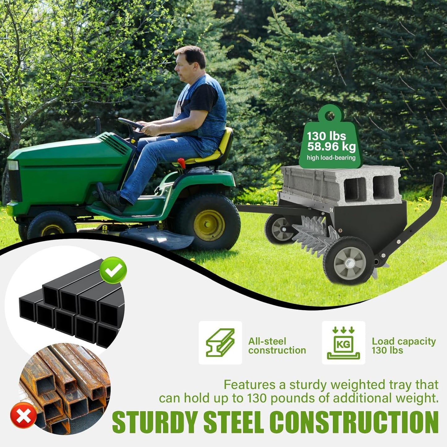 40" Tow Behind Spike Aerator with Galvanized Steel Tines and Extra-Wide Tow Bar, Tow Behind Plug Aerator with Transport Wheels, for Gardens, Lawns, Farms