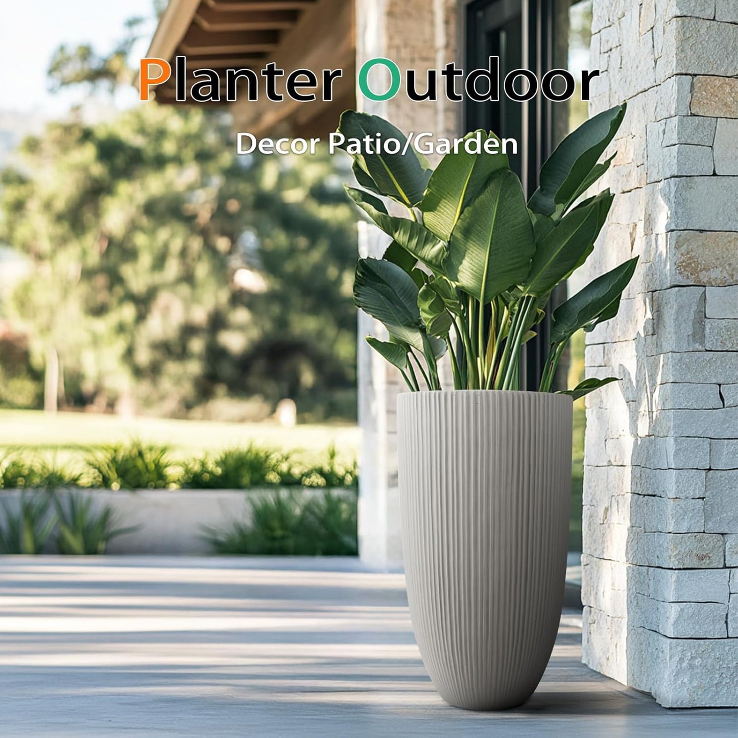 Tall Planters for Outdoor Plants, Large Concrete Flower Pots for Garden Front Porch, Patio, Indoor (Vertical Gray, 24 inch)