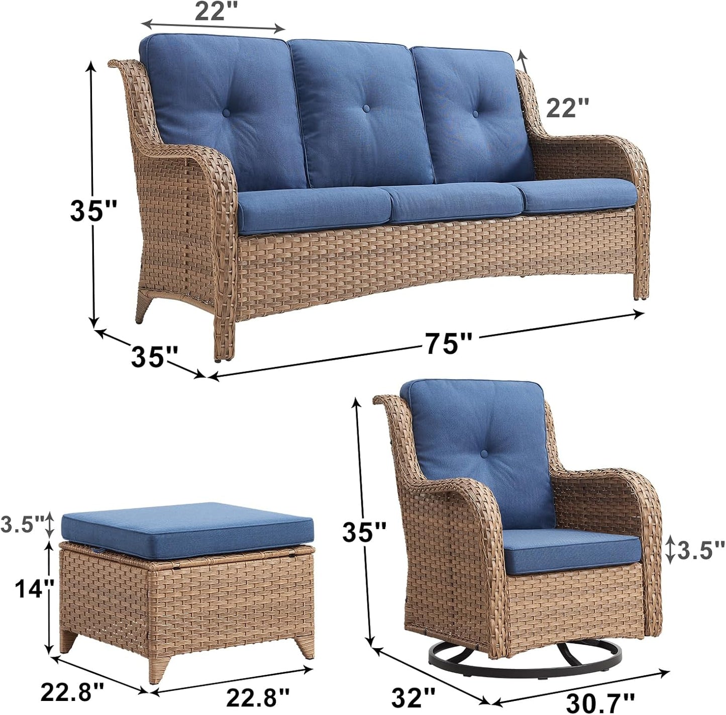 Outdoor Wicker Patio Furniture Set - 5 Piece Rattan Patio Conversation Set with 2 Rocking Swivel Chairs,2 Ottomans and 1 Sofa for Porch Deck Backyard Garden(Yellow/Blue)