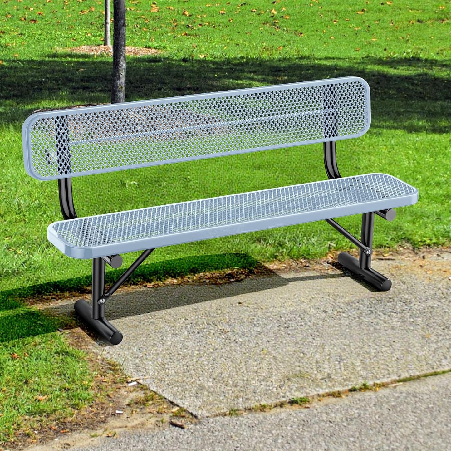 6Ft Heavy Duty Park Bench with Back Portable Frame, Outdoor Steel Bench with Backrest, Expanded Metal Mesh Bench for Lawn, Park, Deck, Garden, Patio, Porch, Grey