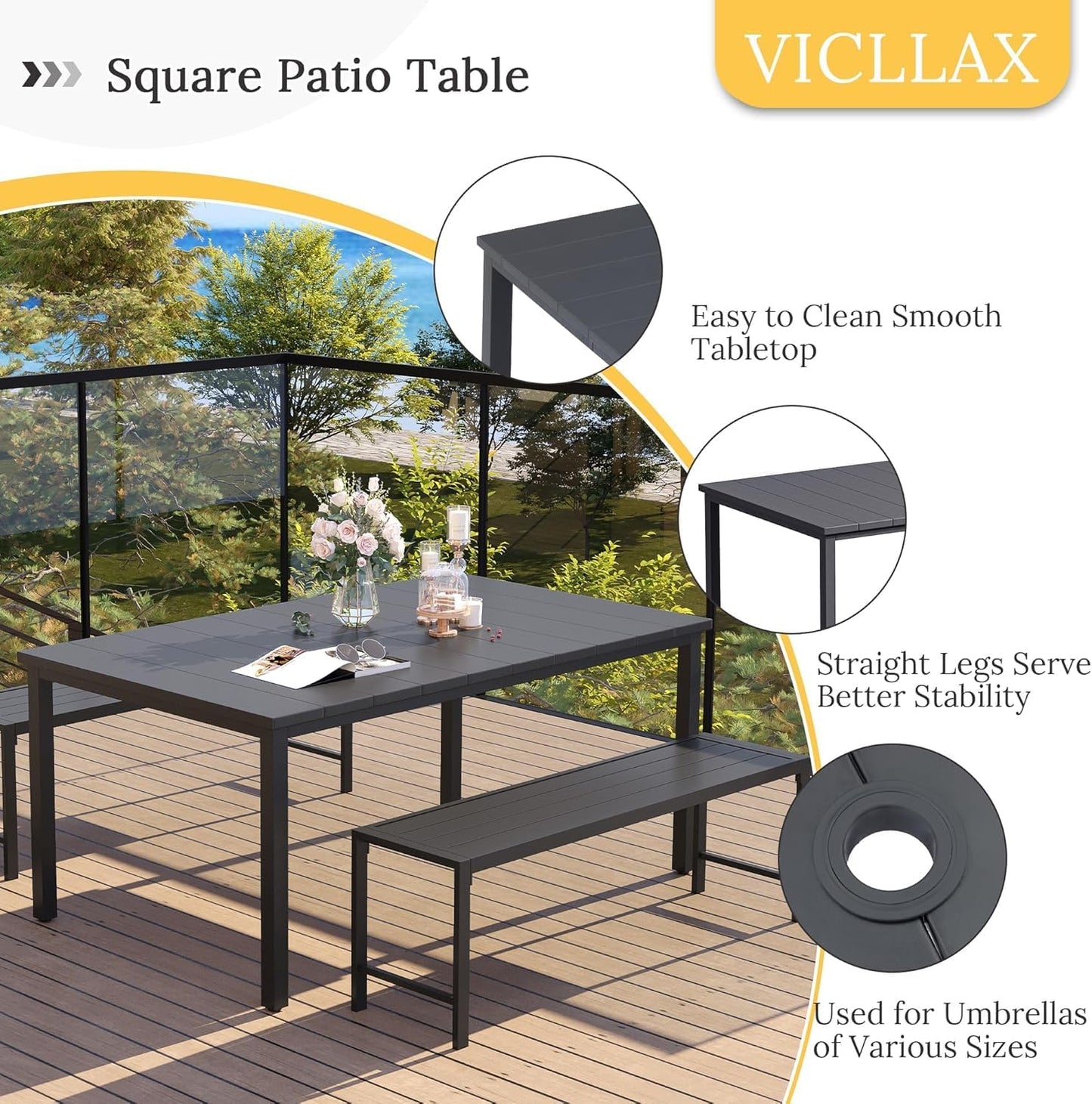 VICLLAX 63" Rectangle Patio Dining Table for 6, Outdoor Dining Table with Umbrella Hole, All Weather 6 Person Metal Patio Table for Lawn Garden, Grey Tabletop