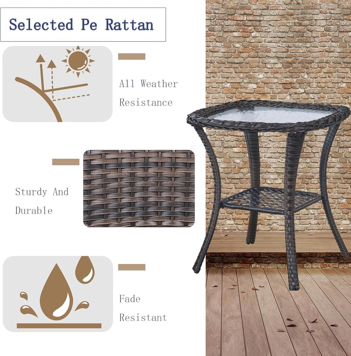 Outdoor Side Table, Brown Rattan Wicker Patio Side Table, Patio End Table, Small Outdoor Side Table with Glass Tabletop and Storage Shelf (Brown)