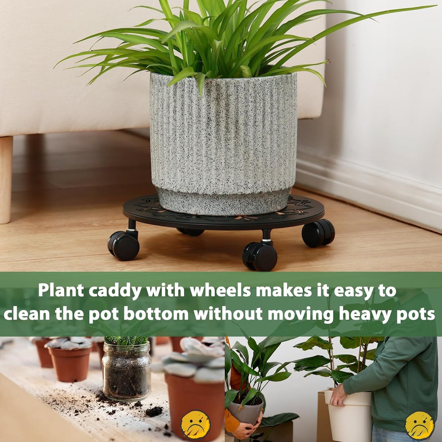4 Pack Rolling Plant Caddy with Wheels 12 Inch, Plant Rollers with Wheels Metal Plant Caddy with Wheels Heavy Duty Plant Stand for Large Plants, Matte Black Rolling Planter Base, 4 Wheels for Planters