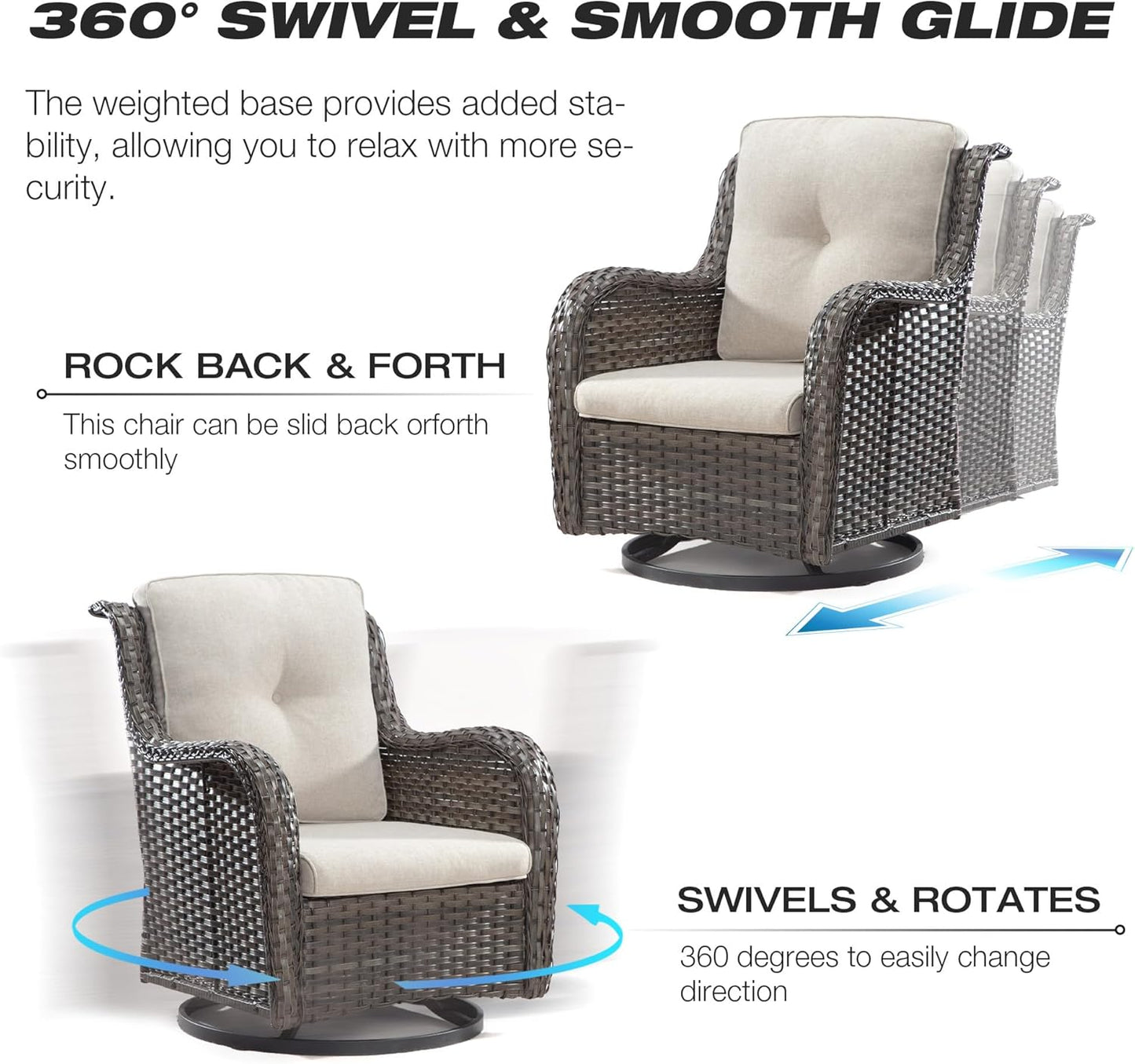 Joyside Outdoor Swivel Rocker Patio Chairs Set of 2 and Matching Side Table - 3 Piece Wicker Patio Bistro Set with Premium Fabric Cushions(Mixed Grey/Beige)