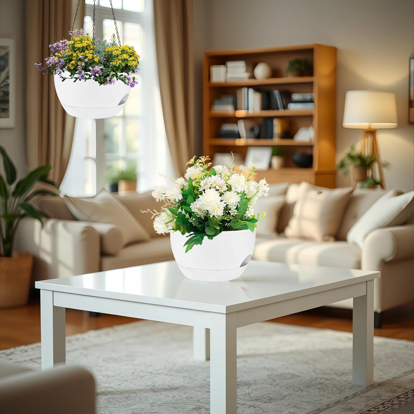 2 Pack 12 Inch Large Hanging Planters with Chains Self Watering White Plastic Hanging Pots for Indoor Outdoor Plants, Garden Porch Home Decor，White