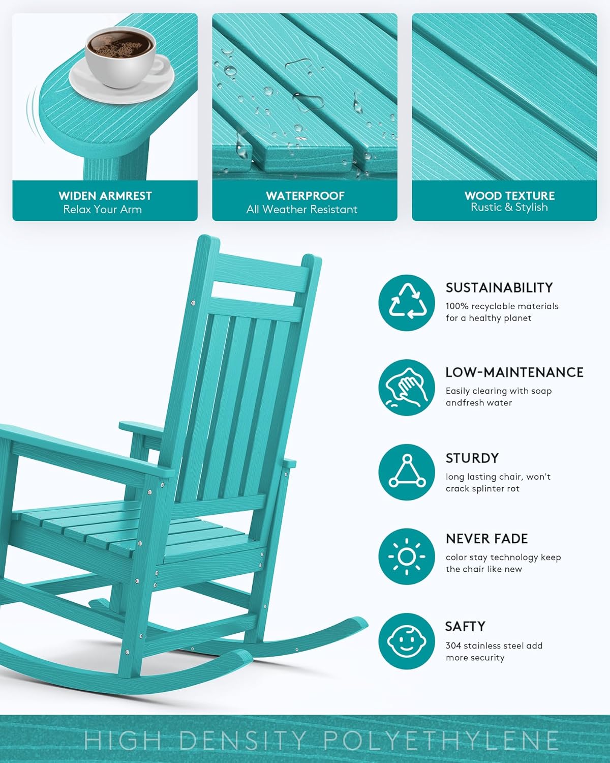 SERWALL HDPE Rocking Chair, Outdoor Rocking Chair for Adults, All Weather Porch Rocker for Lawn Garden, Aruba