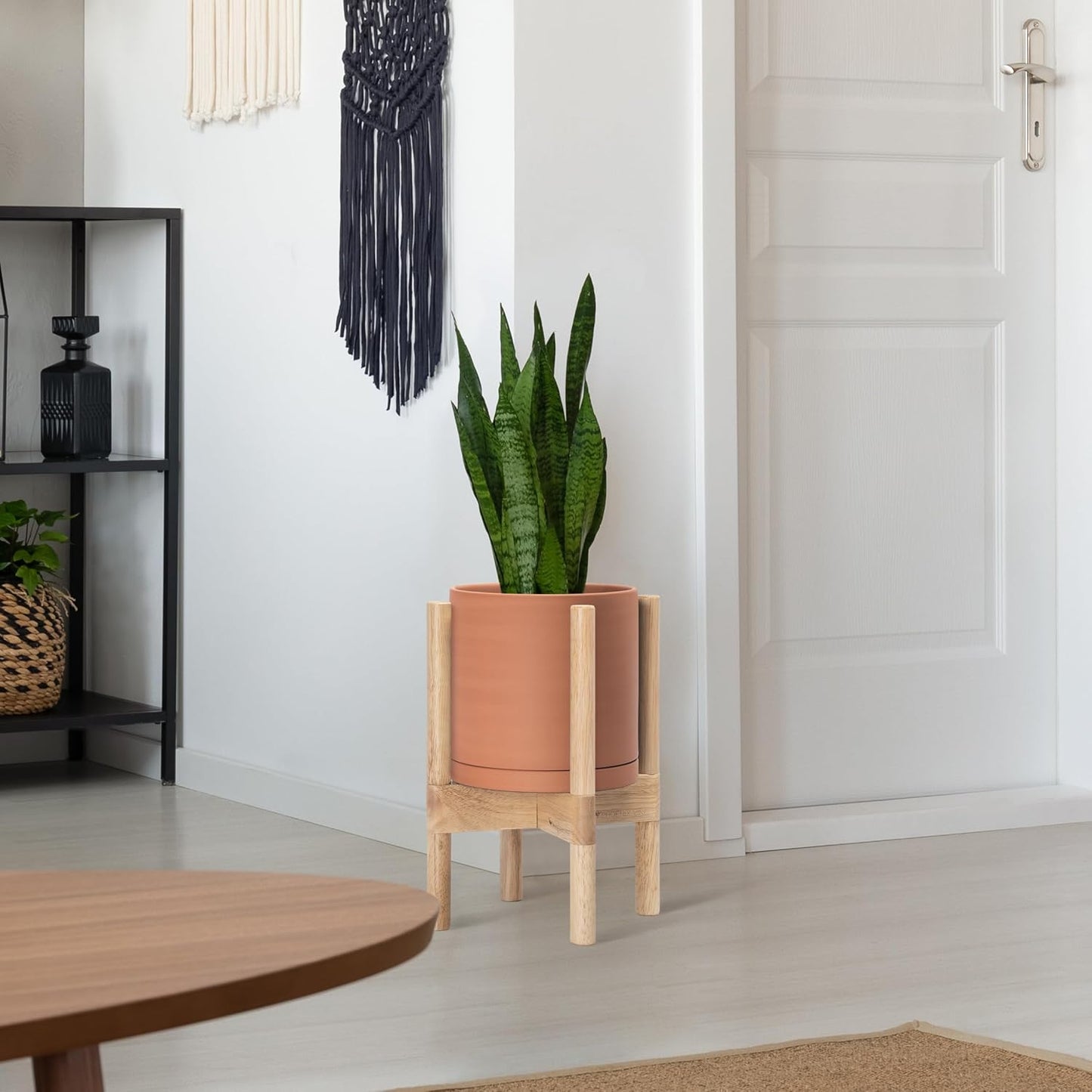 D'vine Dev Terracotta Planter with Natural Stand - 8 Inch Modern Round Flower Pot with Wood Planter Holder, Terracotta, 55-B-N-5