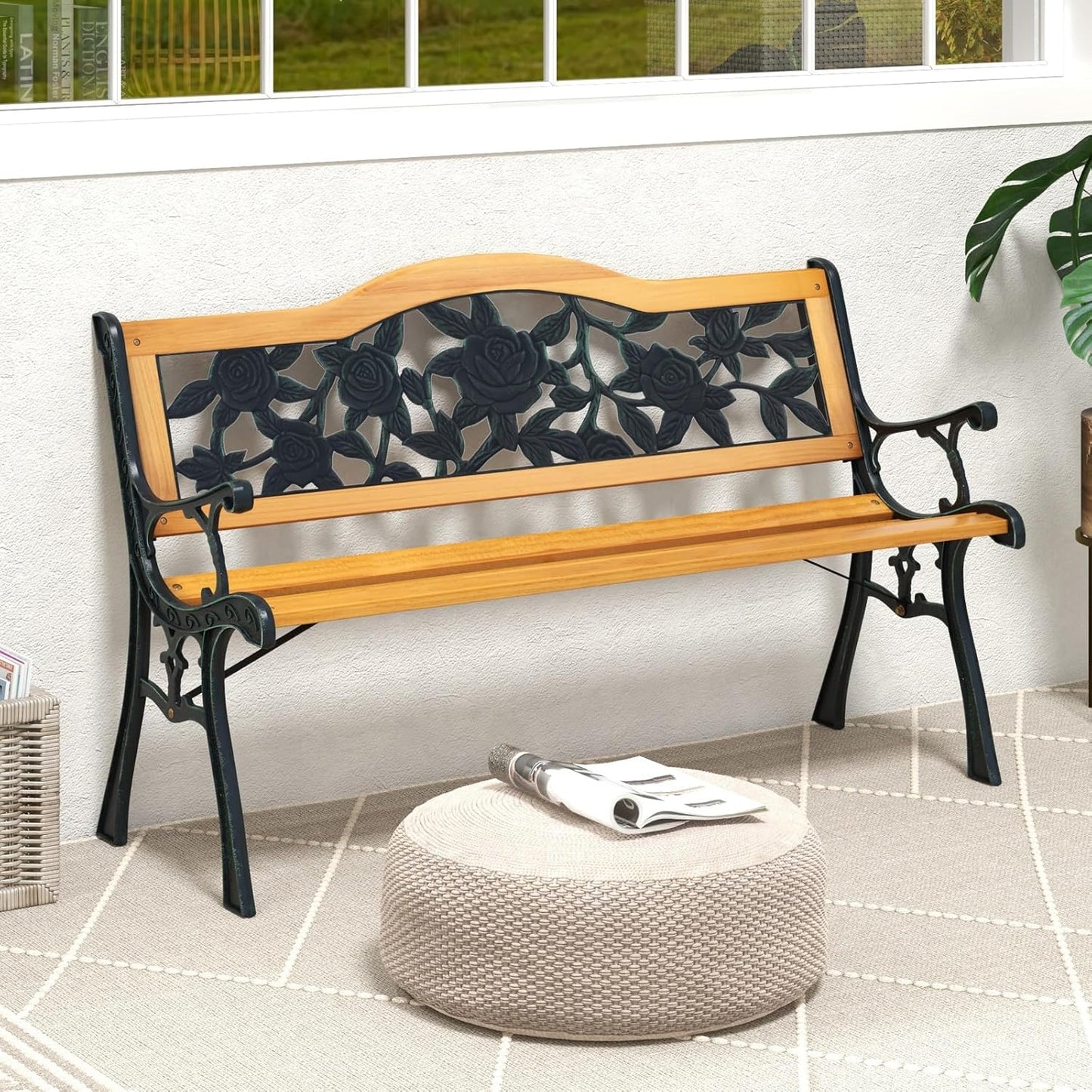 Tangkula Outdoor Garden Bench Park Bench, Patio Furniture Bench Chair with Cast Iron & Hardwood Structure, Weather Proof Porch Loveseat, Perfect for Backyard, Deck, Lawn, Poolside