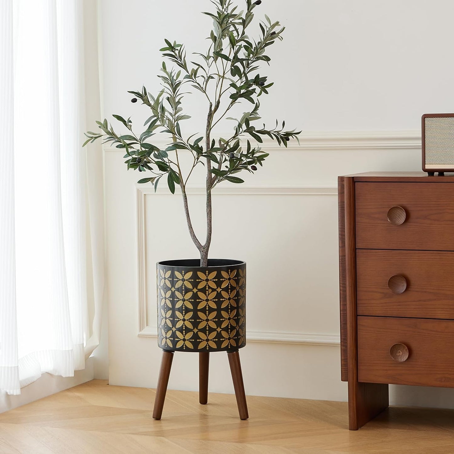 12 Inch Planter Pot with Stand, Planter for Indoor Plants, Drainage Holes and Rubber Plug, Modern Mid-Century Flower Planter Pot for Home Garden Patio, Black and Gold