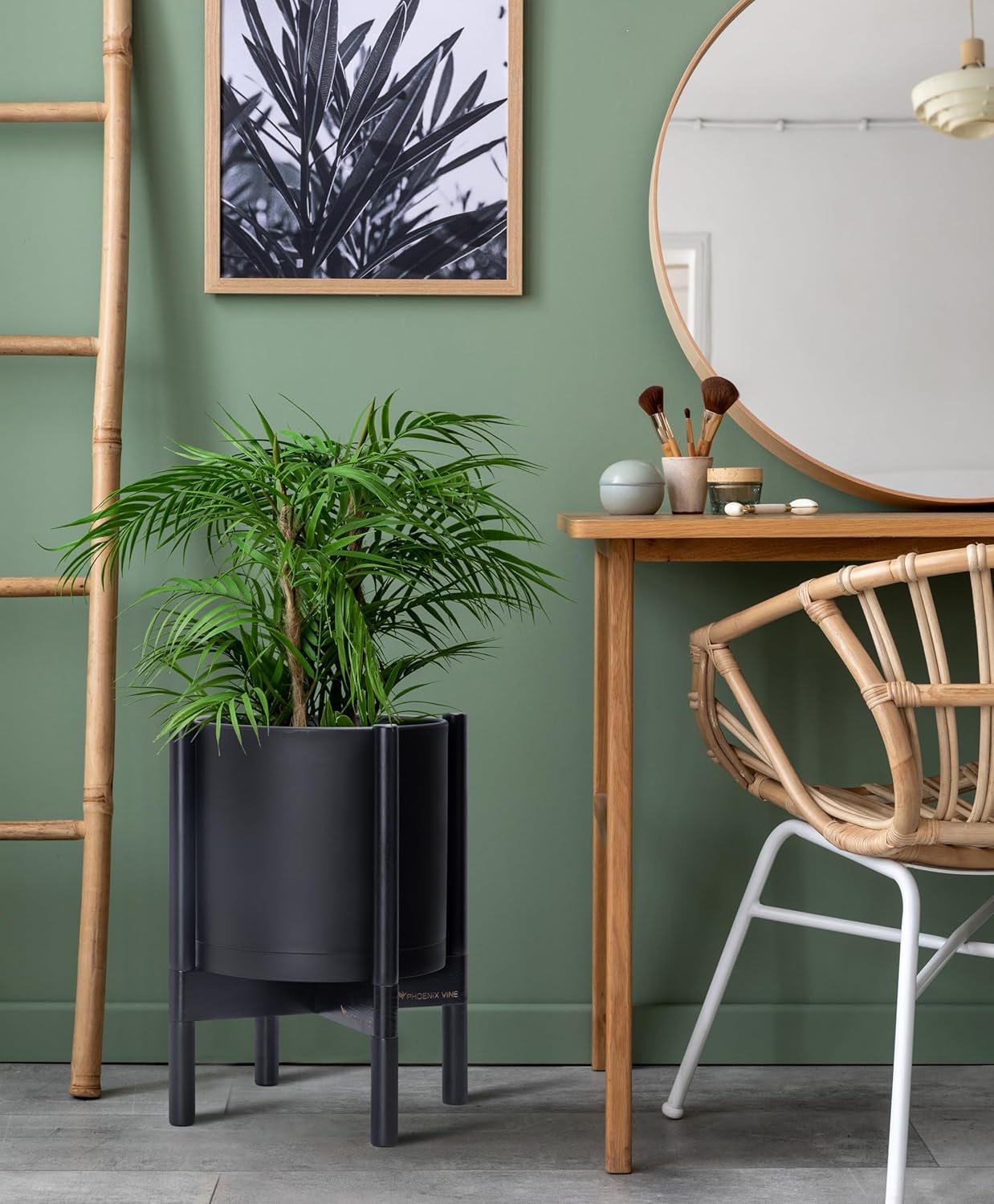 D'vine Dev Planter Pot with Stand - 10 Inch Plastic Cylinder Flower Pot with Wood Planter Holder for Indoor, Matte Black Pot + Ebony Stand, 55-C-N-2