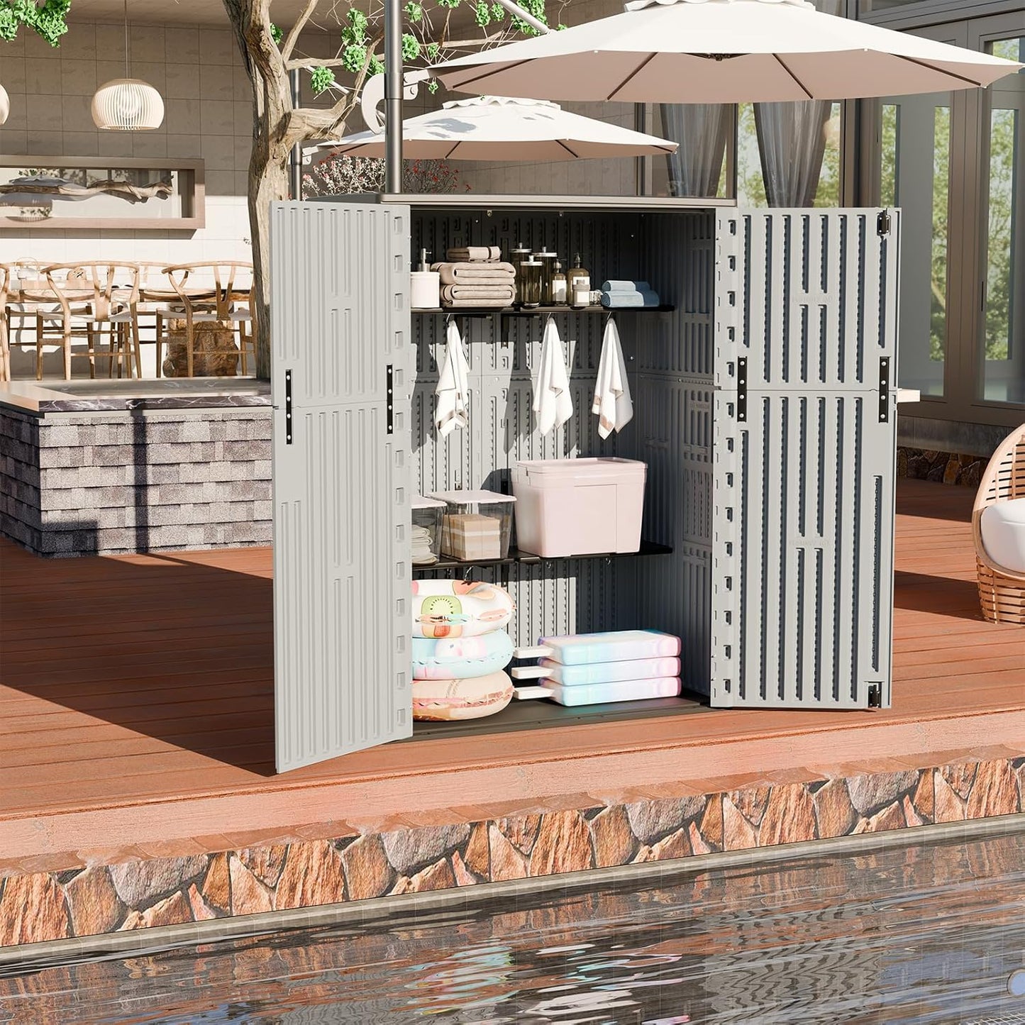 HOMSPARK Outdoor Storage Shed Weather Resistance, Patio Storage Cabinet Lockable Resin Tool Shed for Storage of Bike, Trash Cans, Garden Tools (Light Gray, 66 Cu.ft)