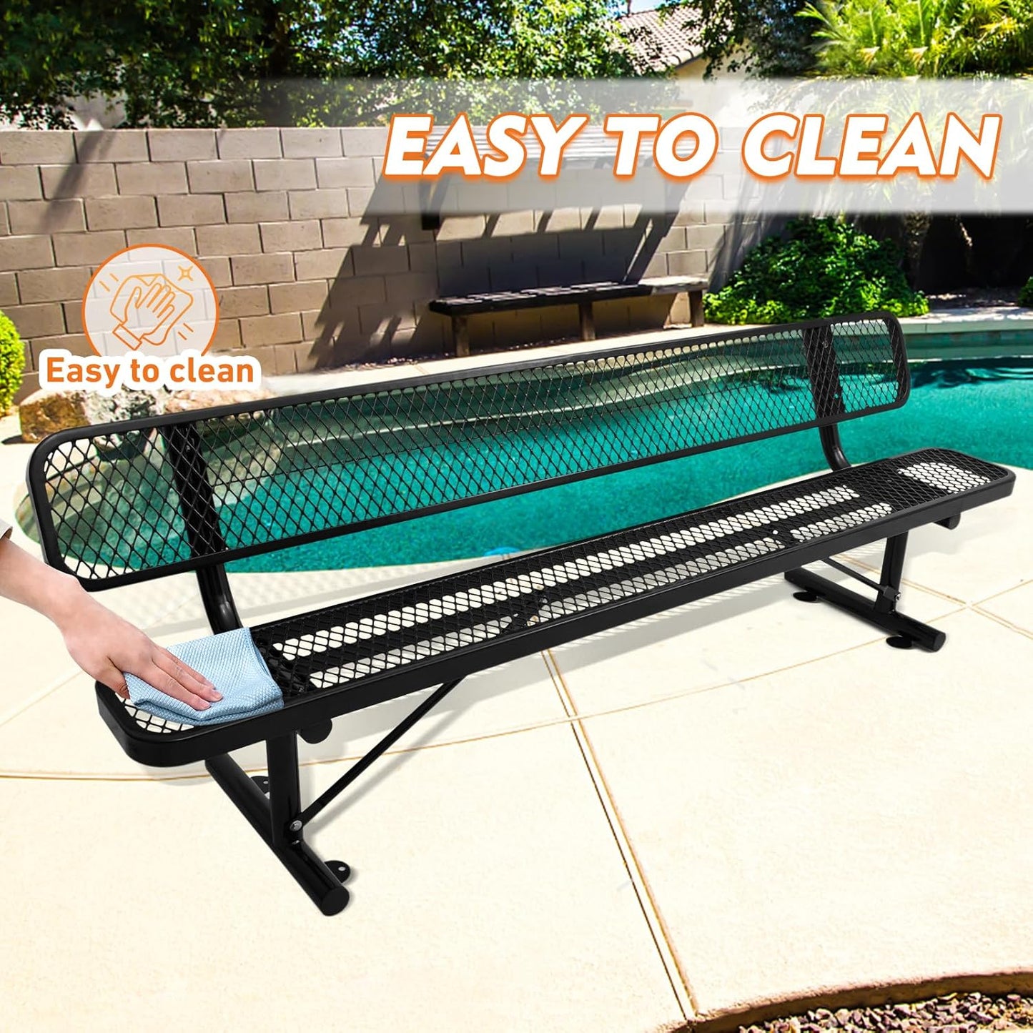 8FT Heavy Duty Park Bench with Back Portable Frame, Outdoor Metal Park Bench with Backrest, Steel Mesh Outdoor Bench for Garden, Lawn, Patio, Porch, Park, Yard (Black, 94.1" D x 23.2" W x 32.5" H)