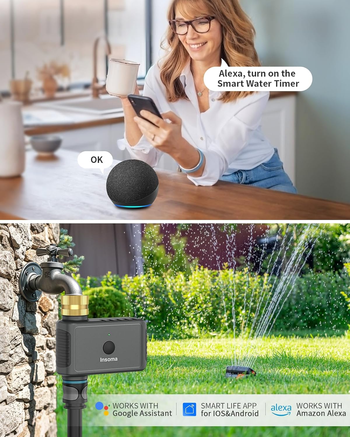 WiFi Hose Timer with Brass Inlet, Smart Water Timer 1 Zone, Sprinkler Timer w/WiFi hub for Remote Control via 2.4Ghz WiFi, Voice/App Controls with Alexa & Google Assistant, for Lawns Yards