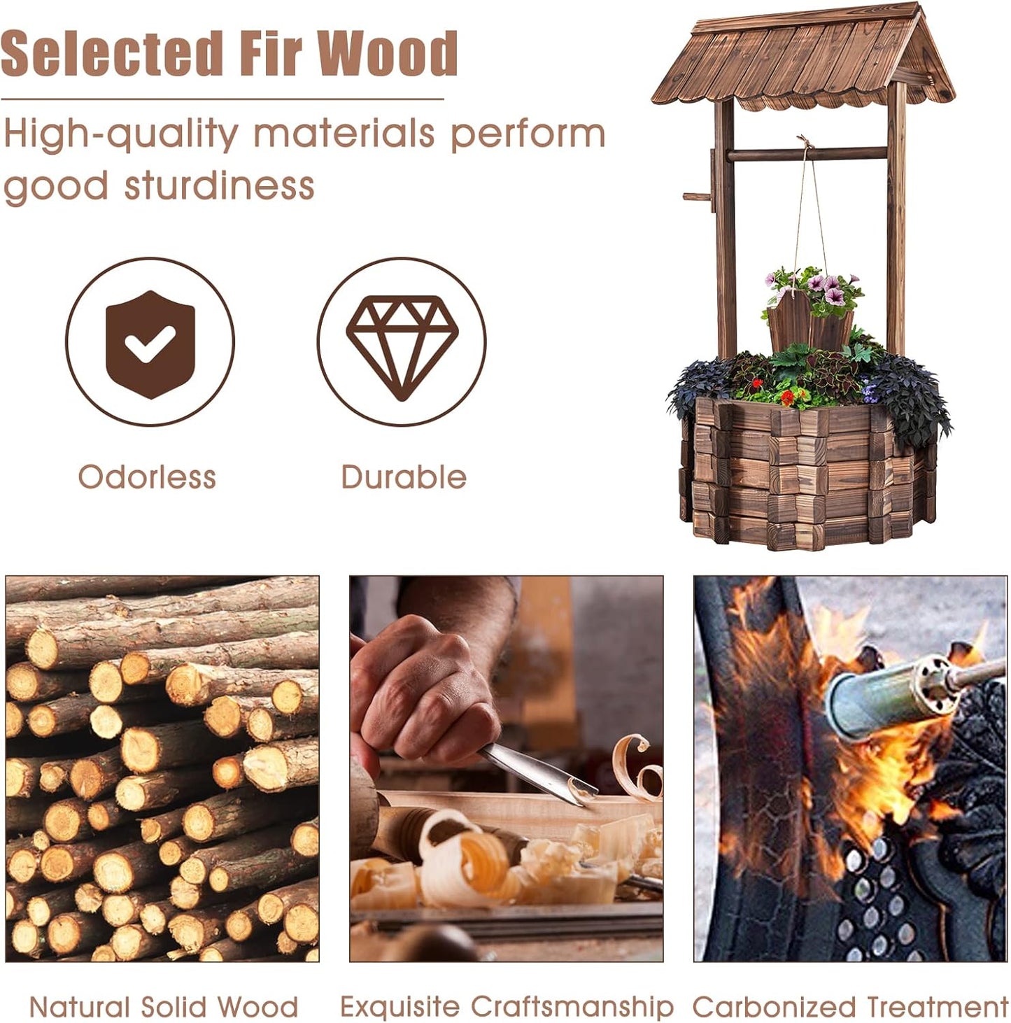 Giantex Rustic Wooden Wishing Well Planter with Hanging Bucket and Roof, Flower Plants Planter Wishing Wells for Outdoors Backyard Patio Garden Lawn Outside Decor