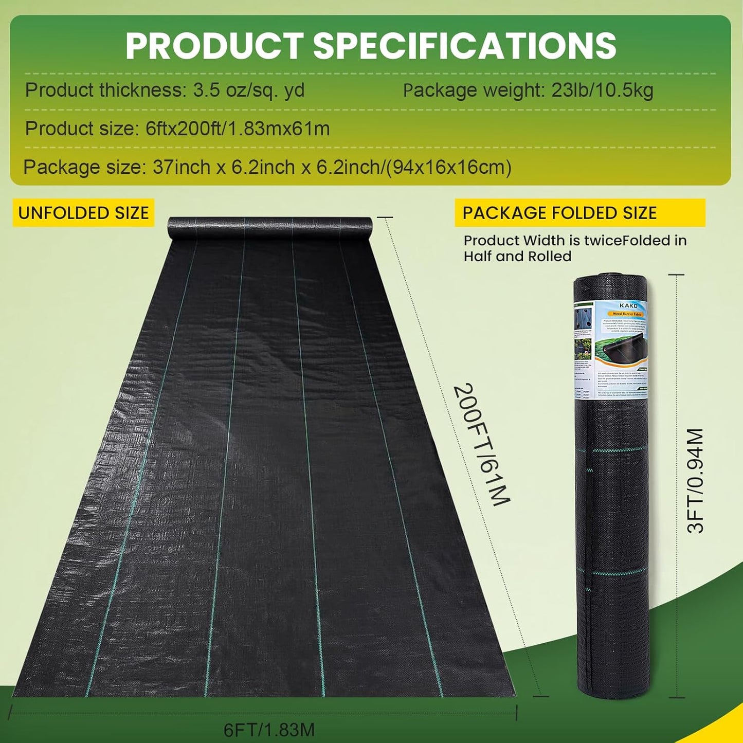 KAKO 6x200FT Weed Barrier Fabric, Heavy Duty Weed Barrier Landscape Fabric, Garden Weed Barrier Fabric, Garden Fabric Weed Barrier Weed Cloth for Landscaping Fabric, Garden Fabric, Driveway Fabric