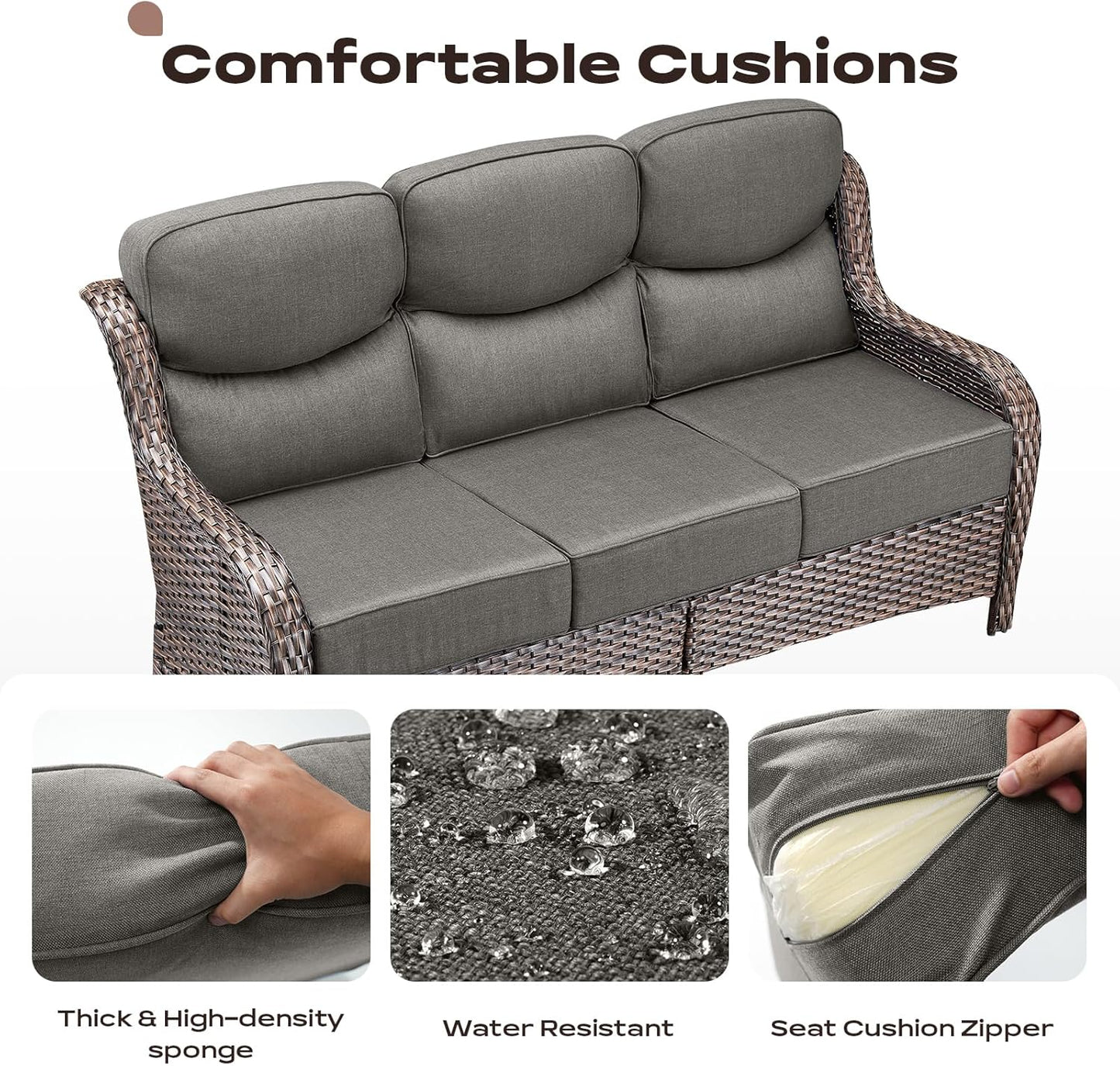 Wicker Outdoor Patio Furniture Set - 8 Piece Patio Conversation Sets with Swivel Rocker Chairs, Ottomans, Sofa and Coffee Table, 6 inch Cushions, Deep Seating, for Porch Deck Brown/Grey