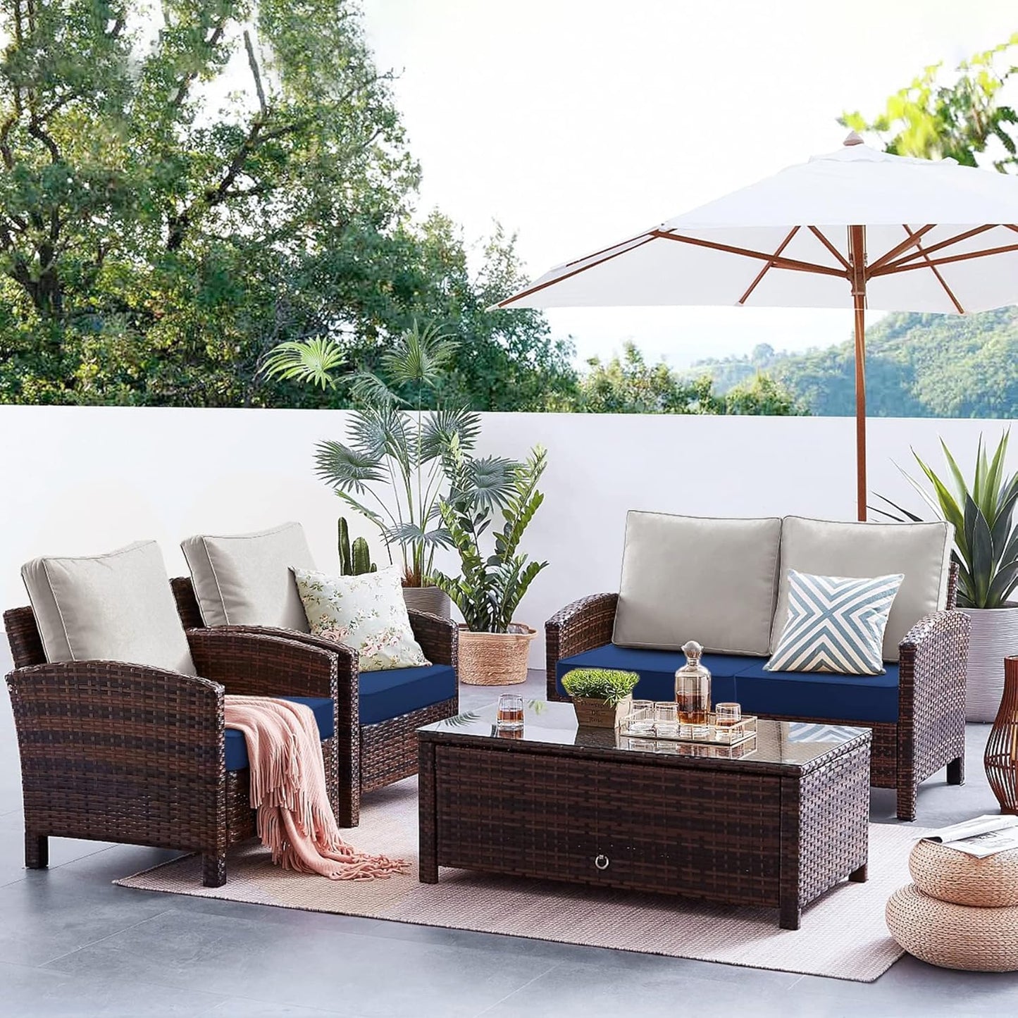 Favoyard Patio Chair Cushions 24 x 24 x 4 Inch Waterproof Outdoor Seat Cushions for Patio Furniture 3-Year Color Fastness Garden Sofa Couch Pads with Handle & Adjustable Straps Set of 2, Blue