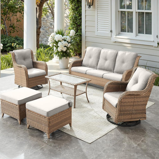 Outdoor Wicker Patio Furniture Set - 6 Piece Rattan Patio Conversation Set with 2 Rocking Swivel Chairs,2 Ottomans,1 Sofa and 1 Coffee Table for Porch Deck Backyard Garden(Yellow/Beige)