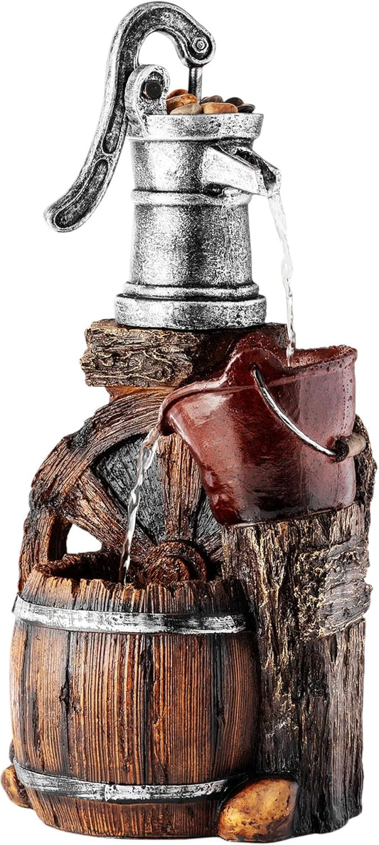 Alpine Corporation WCT688 Outdoor Floor Tiered Rustic Barrel and Pump Water Fountain, Old-Fashioned Waterfall , 24", Brown