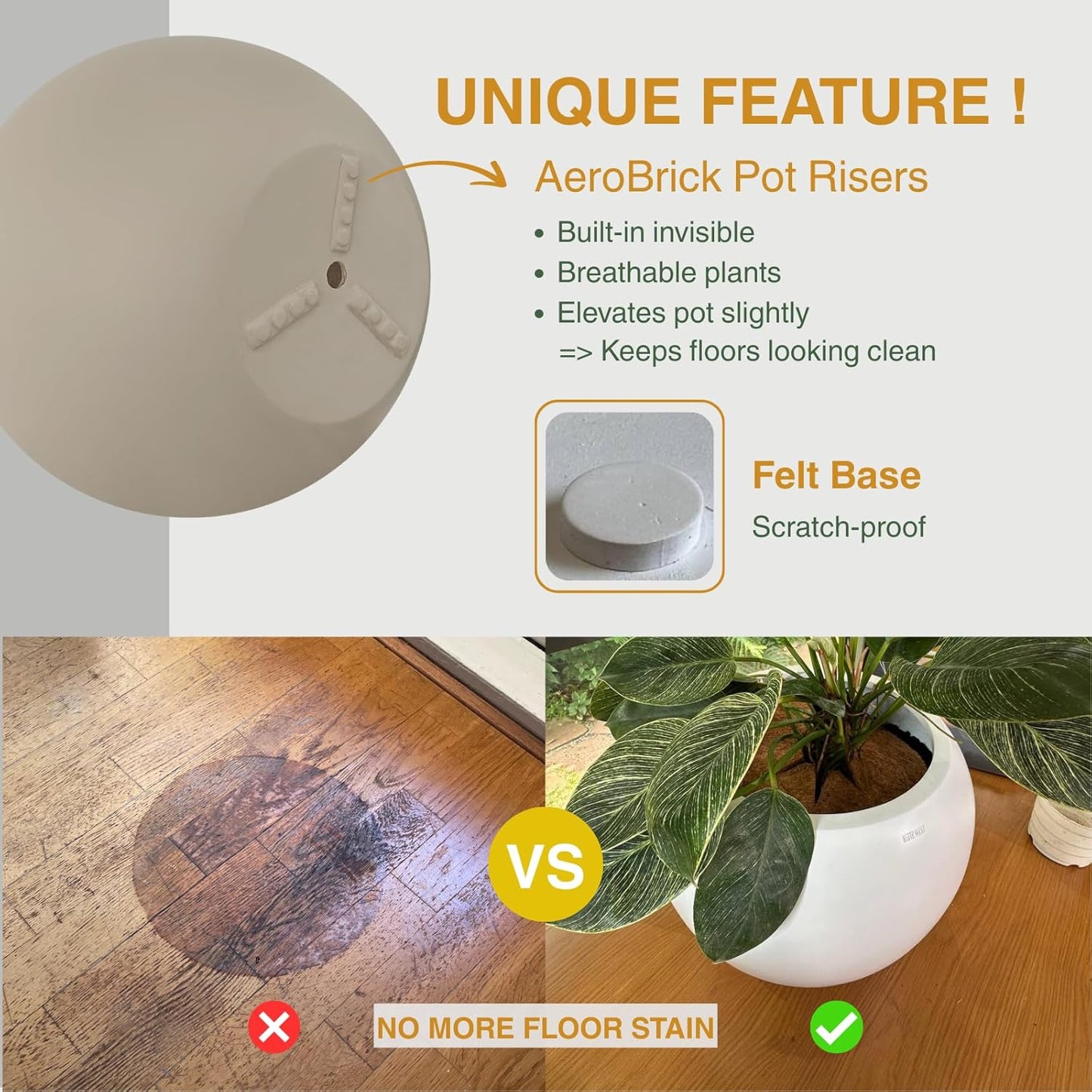 9.7" H x 12" D Globo Fiberstone Round Planter with Drainage Hole, Weather Resistant, Smooth Finish, Planters for Indoor Plants & Outdoor, 2 Extra Coco Mats (Taupe, 7.8" Pot Opening)