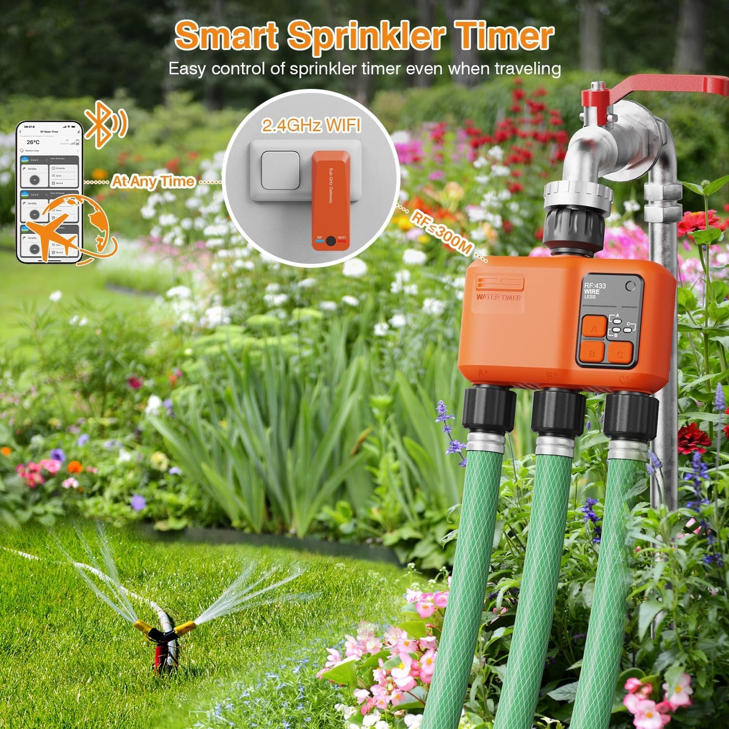 Smart WiFi Sprinkler Timer 3 Zone,WiFi Water Timer for Garden Hose with 984 FT Range,APP & Remote Control,Alexa & Google Voice Compatible,Rain Delay, Manual Mode Sprinkler System