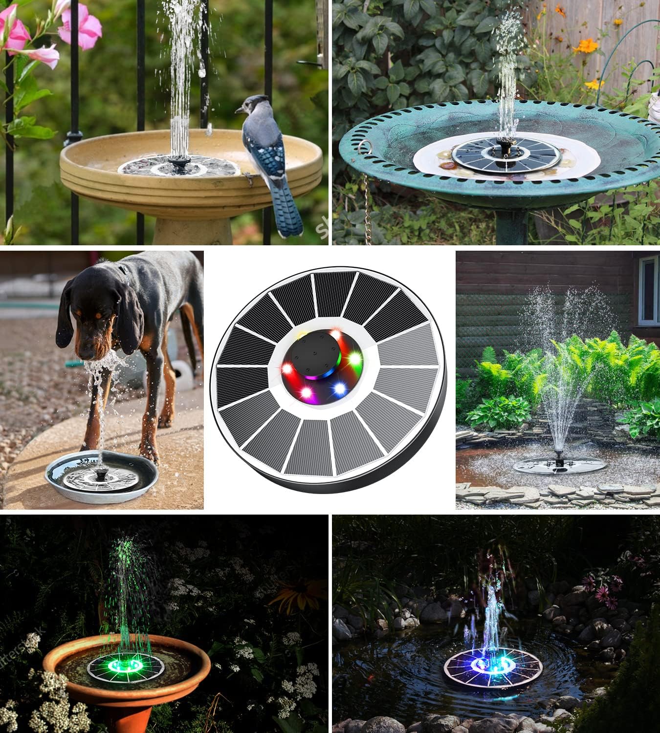 Solar Fountain Glass Panel with 2200 mah Battery, 3.5W Floating Solar Water Fountain with 4 Fixed Rods, Solar Pump for Bird Bath, Garden, Pond, Pool, Outdoor-Colorful Lights