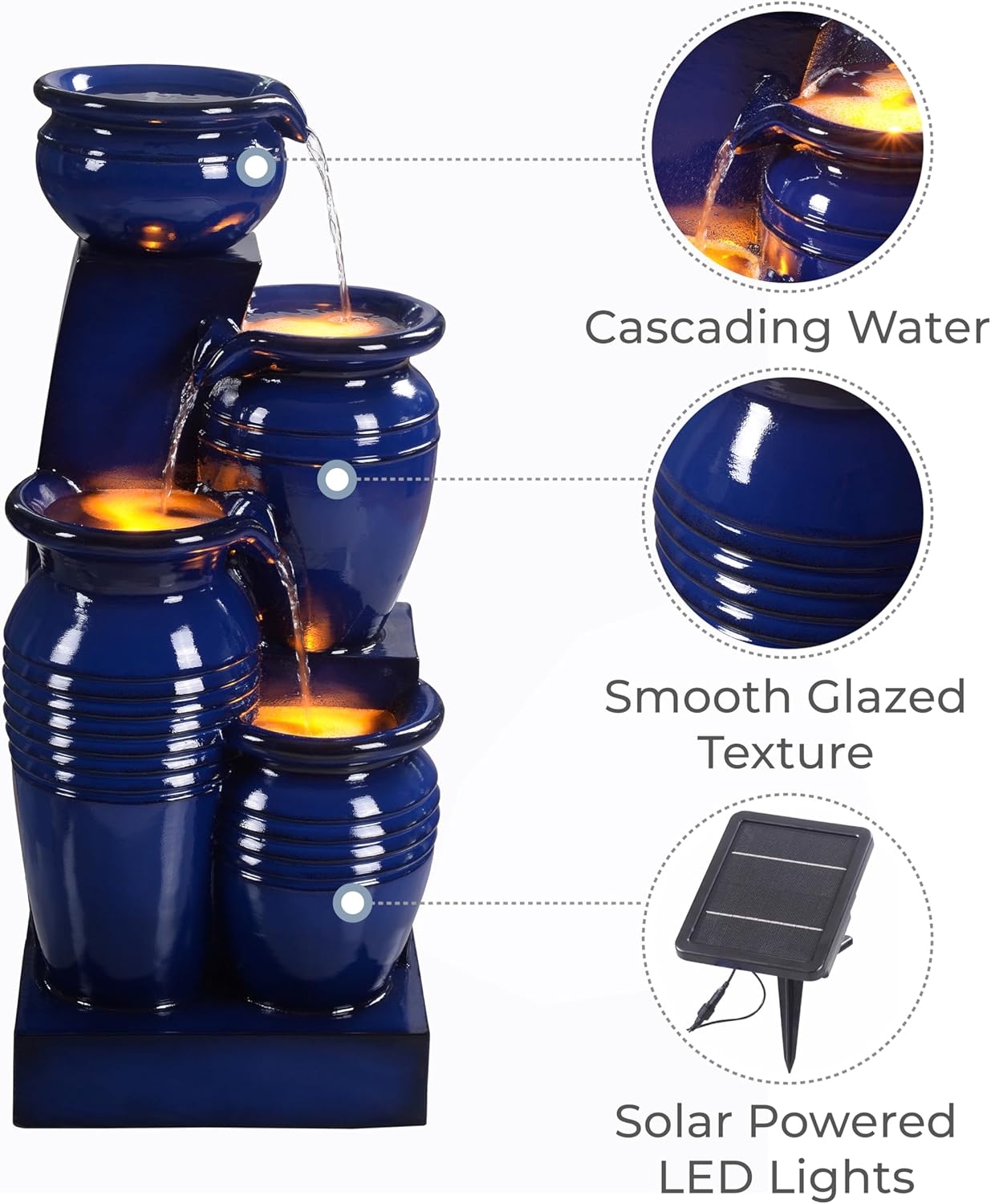 Teamson Home 28.74 in. 4-Tier Cascading Bowl Solar-Powered Water Fountain with LED Lights for Gardens, Landscaping, Patios, Balconies, Lawns, Navy Blue