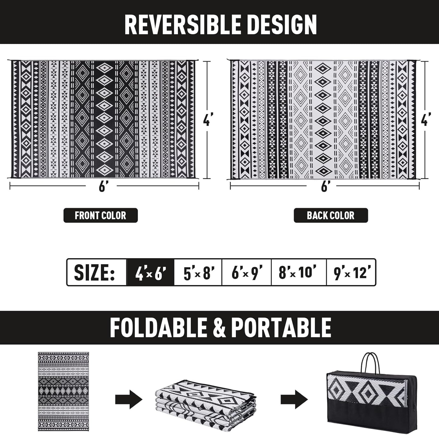 WILDROOTS 9x12 Feet Black and White Plastic Outdoor Rug, Stain Resistant Waterproof Reversible Outdoor Patio Rug, Fade Resistant Camping Rug