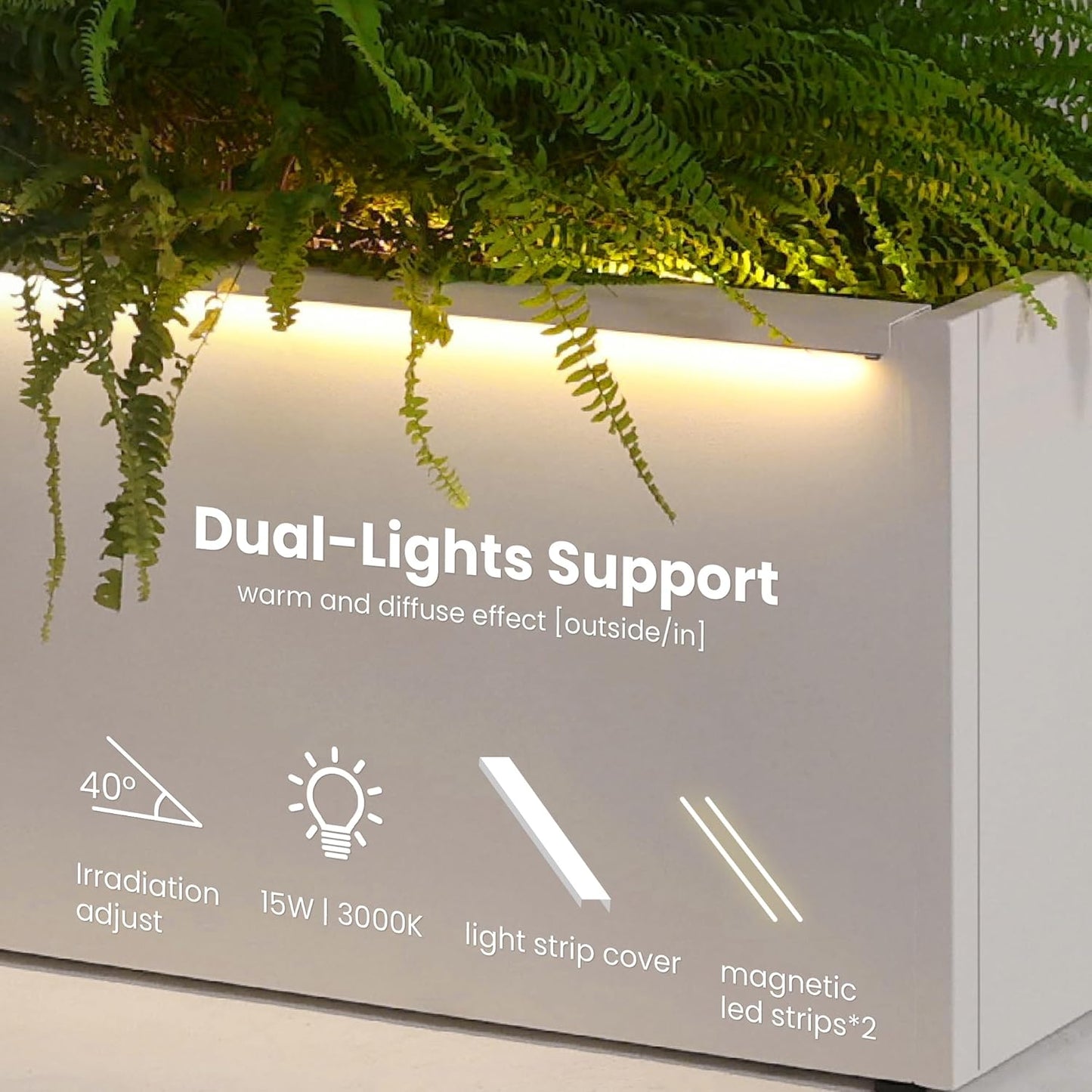 GSK White LED Metal Planter Boxes Magnetic LED Lighting Strips × 2 Galvanized Extra Large Tall Raised Garden Bed Trough Durable Indoor Outdoor Flower Divider Shelf Versatile Plant Stand Space Divider