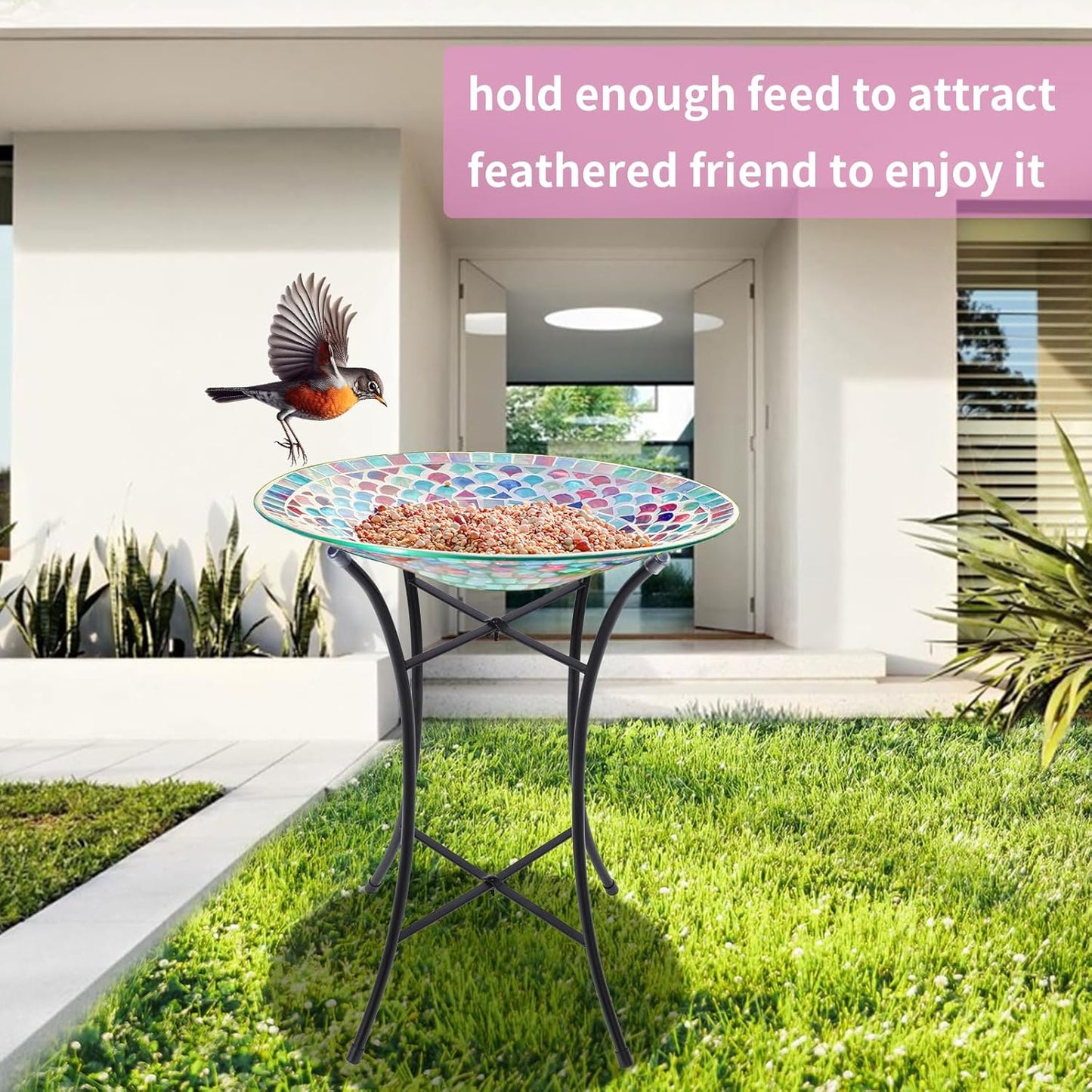 VCUTEKA Bird Baths for Outdoors, Mosaic Bird Bath with Metal Standing for Garden, Yards Patio Décor, Bird Lovers Gift, Glass Birdbath Detachable (20" H * 14" W)