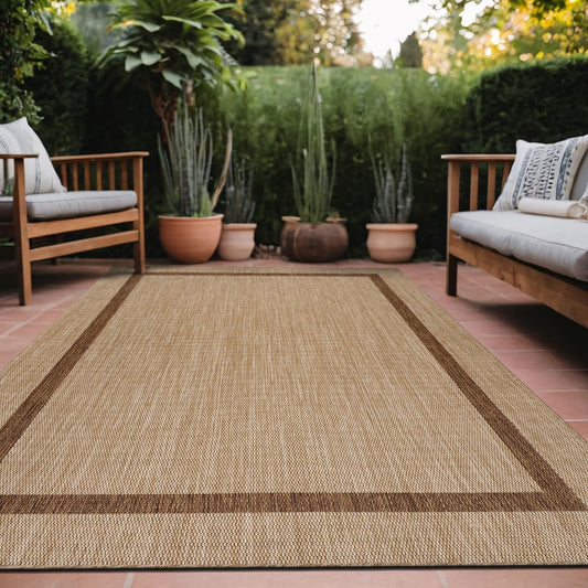 Bordered Outdoor Rug 9x12 Washable Outside Carpet for Indoor Patio Porch Waterproof Easy Cleaning Non Shedding Area Rugs Jute Beige - Nut Brown 9 x 12