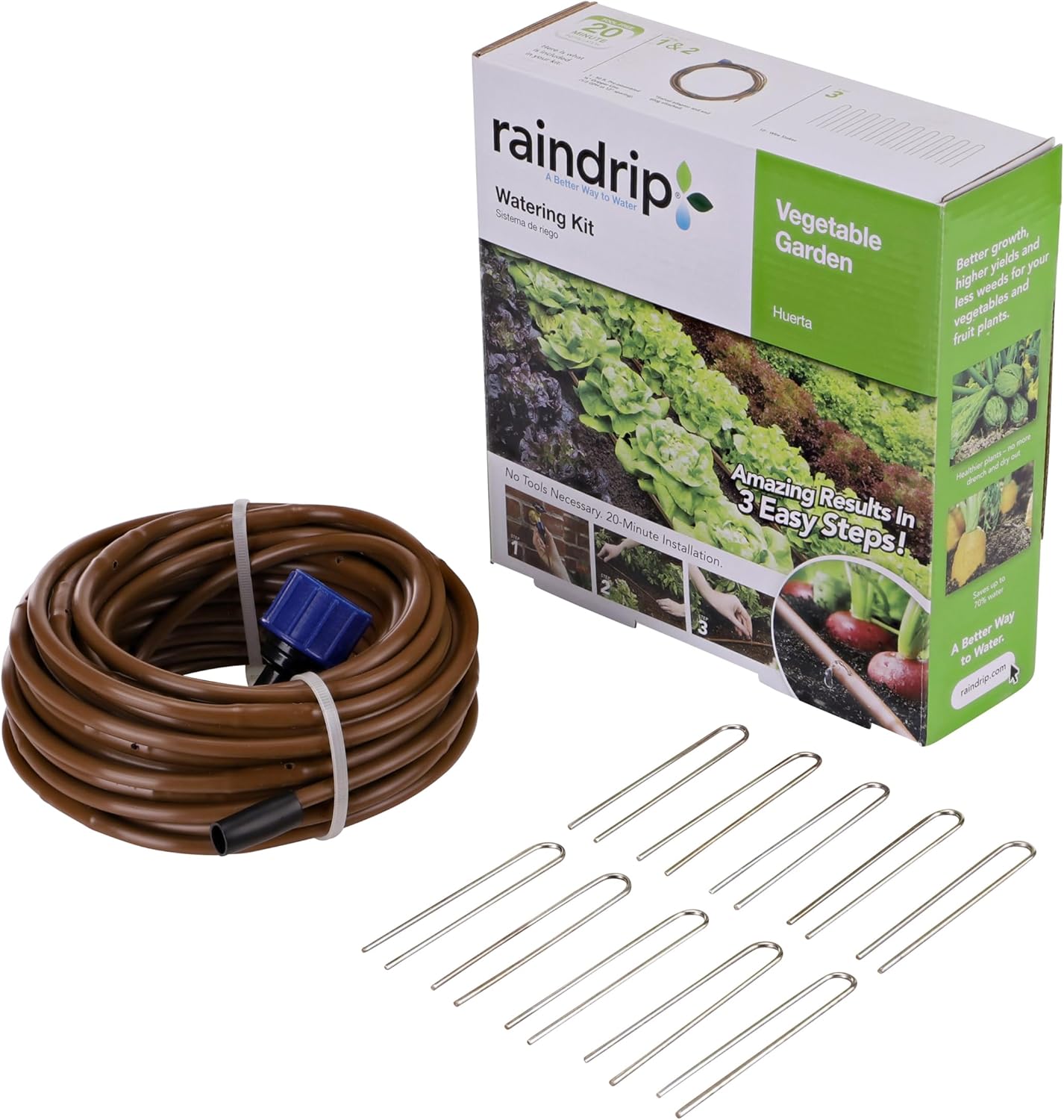 Raindrip R567DT Drip Irrigation Watering Kit for Vegetable Gardens Includes 50 feet of 1/4-Inch Dripline, 3/4-Inch FHT Adapter, 10 Hold-Down Stakes, 1 End Plug