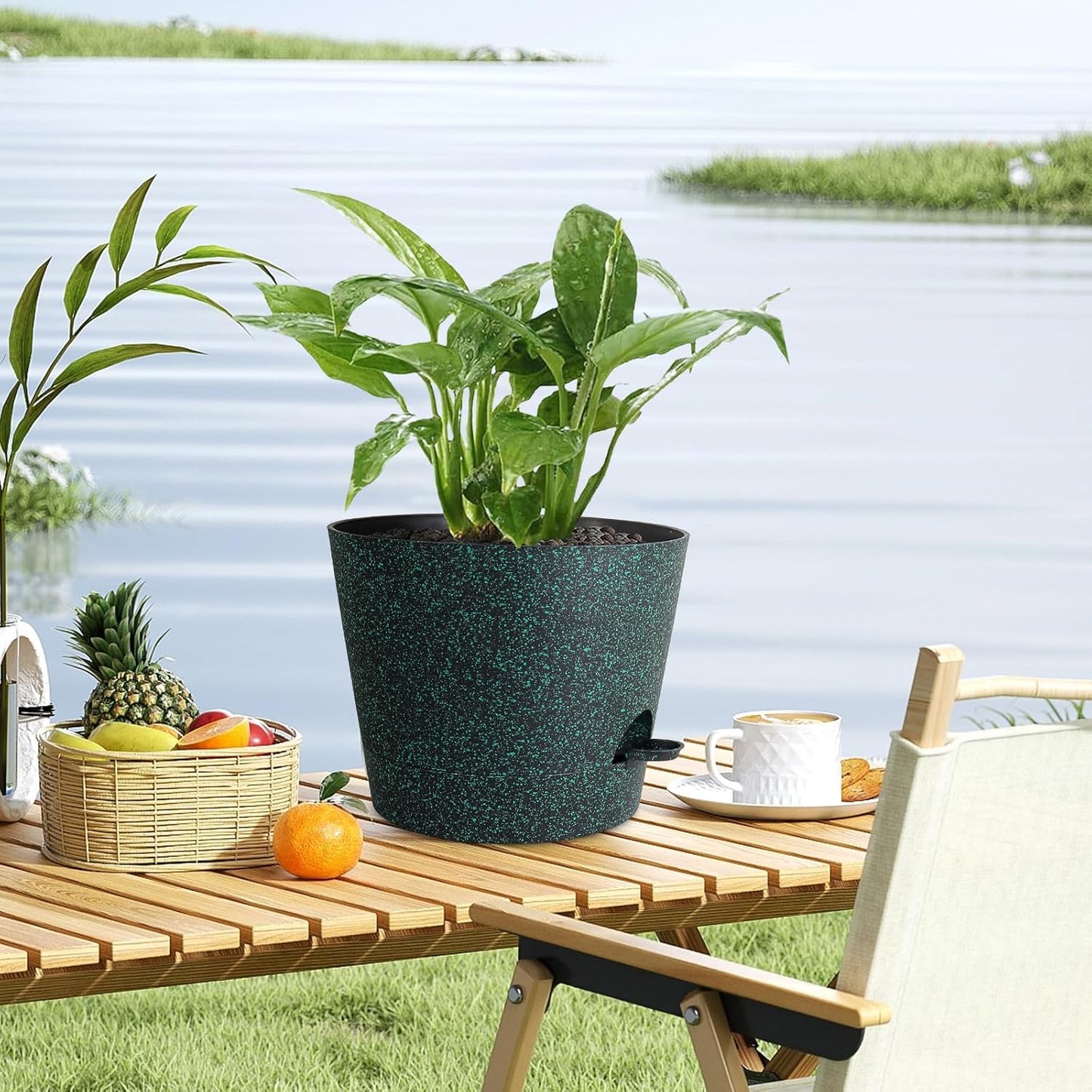 12 inch Large Self Watering Pots for Indoor Outdoor Plants, Flower Plant Pots with Mesh Drainage Holes for Garden, Plastic Planters with Reservoir for Home Plants, Black with Green Speckles