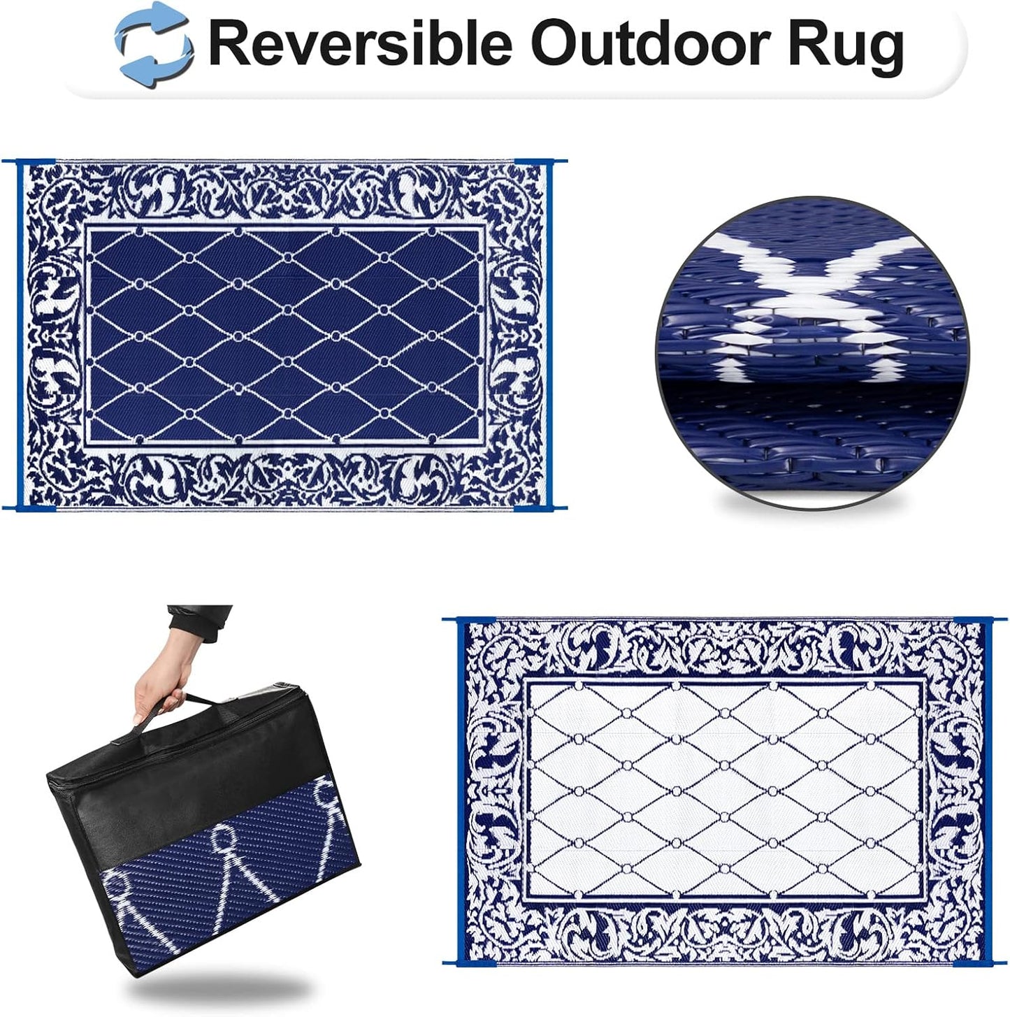 OutdoorLines Indoor Outdoor Rug for Patio 6x9 ft - Reversible Outside Carpet, Stain & UV Resistant Portable RV Mat, Plastic Straw Rug for Camping, Pool Deck, Porch Rhombus Navy & White