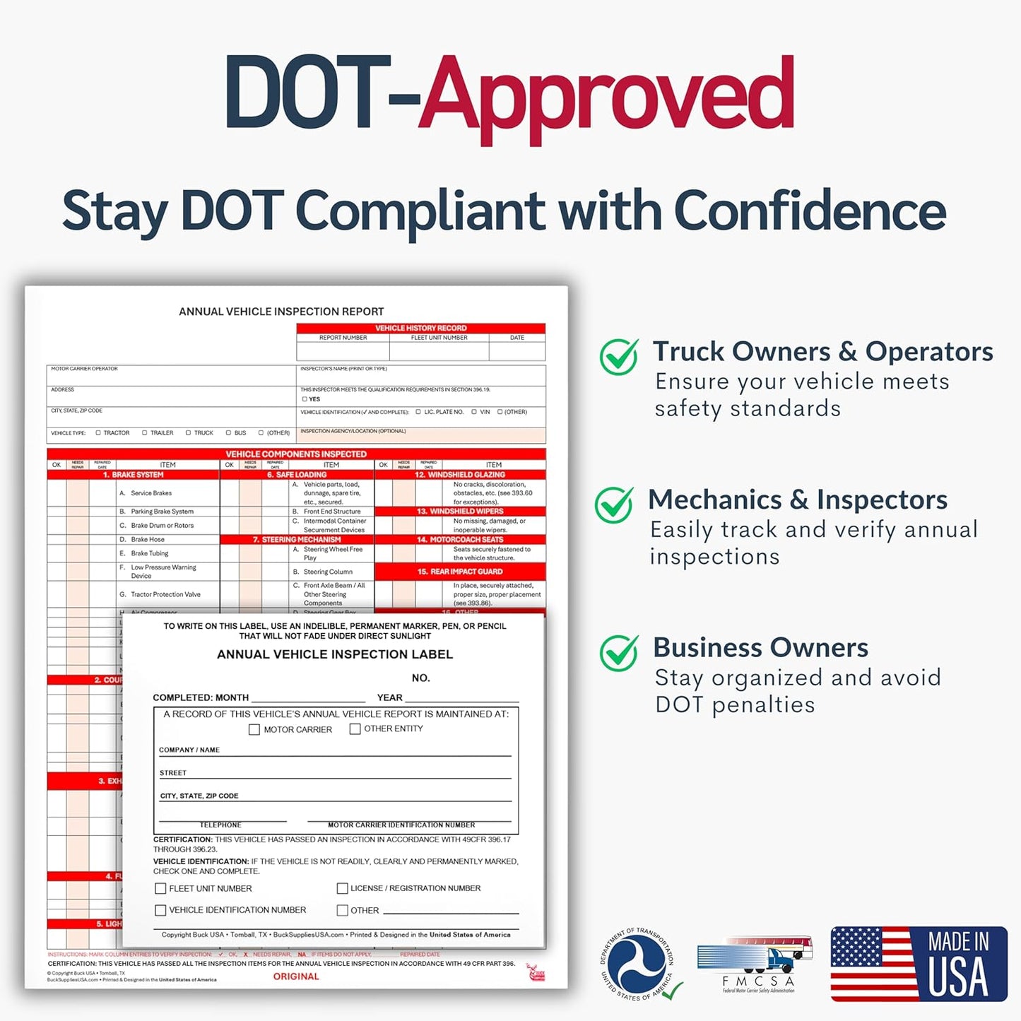 10 Pack Buck Annual Vehicle Inspection Label, 2-Ply Adhesive Vinyl with Mylar Laminate, FMCSA & DOT Compliant, Weatherproof, Tear Resistant, Easy to Write On, 5" x 4" - Made in USA