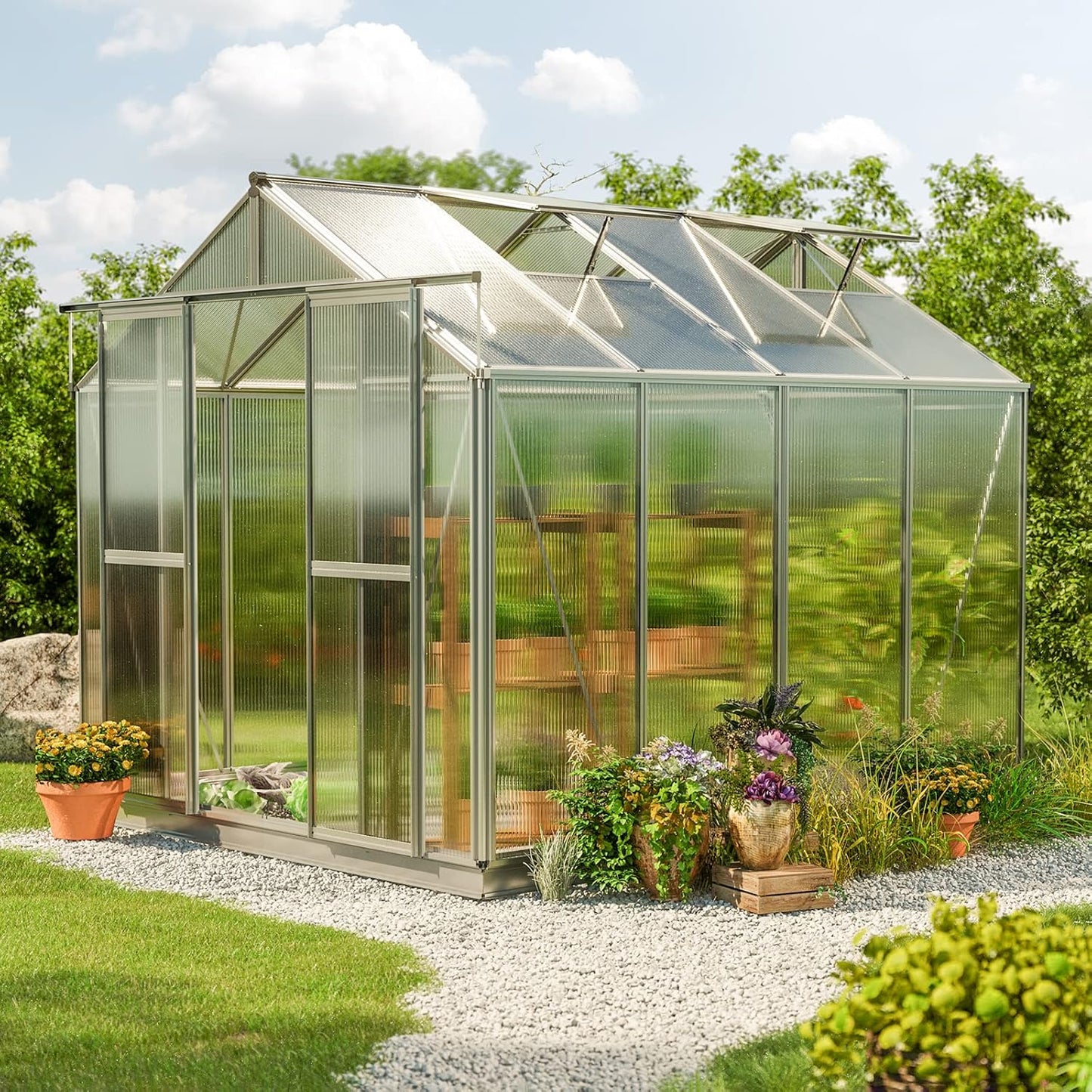 Greenhouse Saphir 4 Aluminum Frame 8.5 x 8.5 ft Approx. 6 mm Polycarbonate Panels - with Bonus Base Frame and Automatic Vent Opener