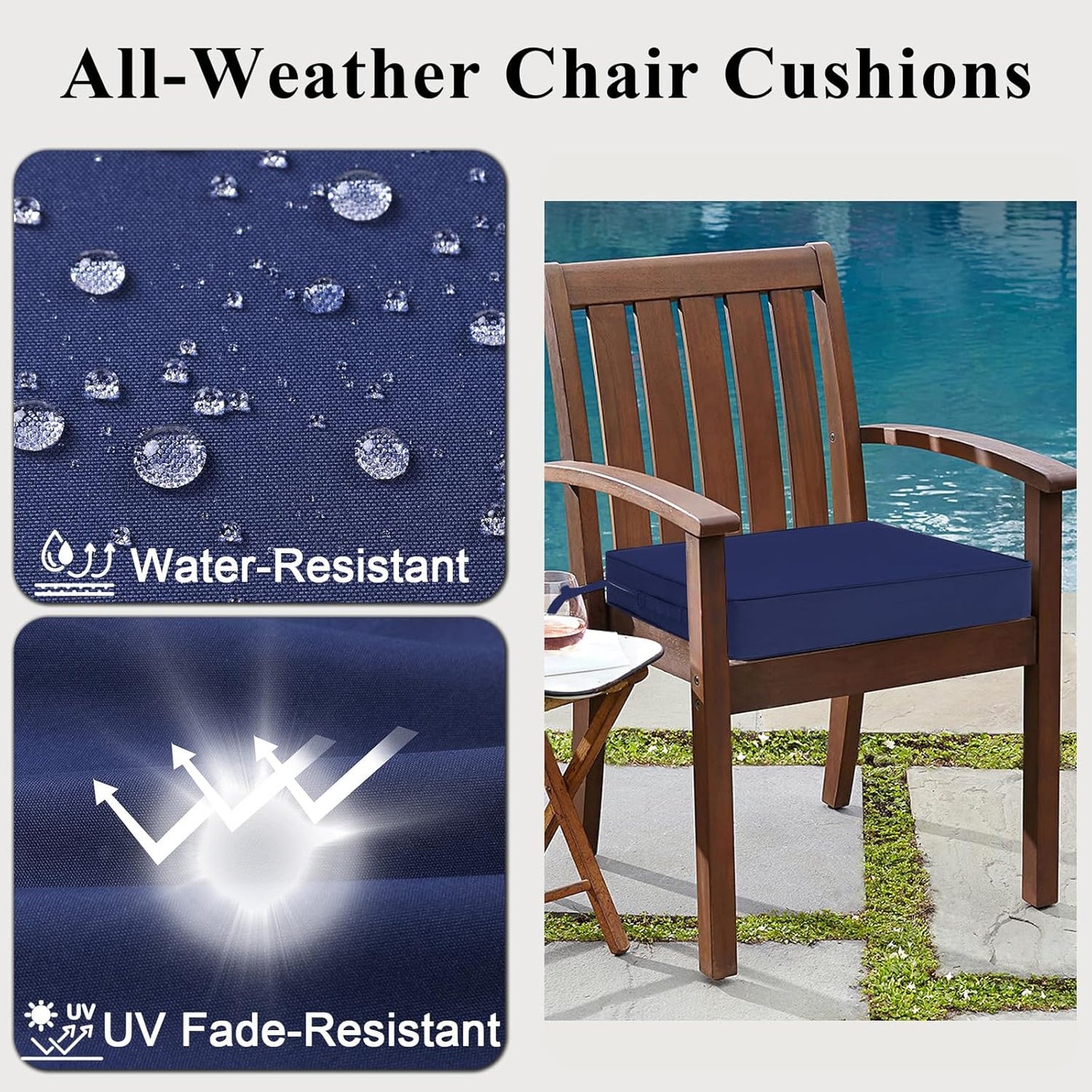 Outdoor Chair Cushions Set of 2 for Patio Furniture 18.5x16x3 Inch Waterproof Patio Chair Cushion 3 Year Color Fastness Rectangle Elastic Foam Garden Couch Pads with Ties and Handle,Blue