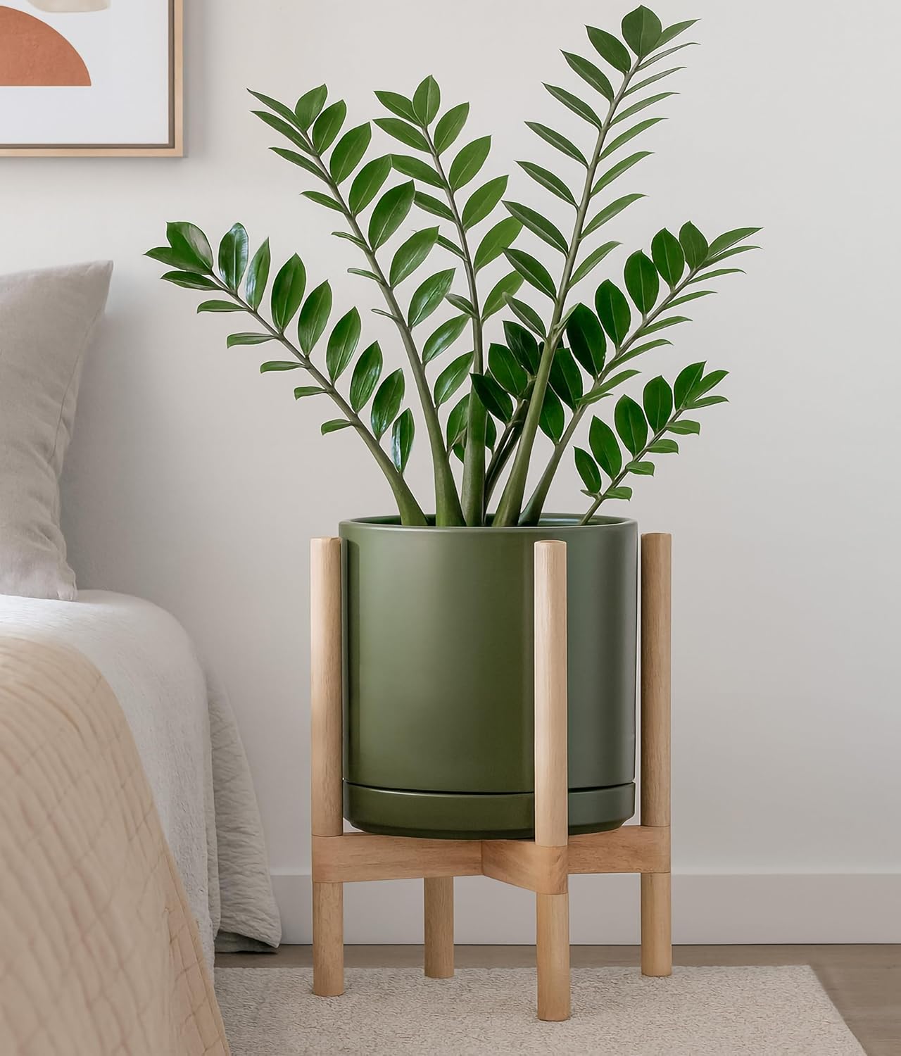 D'vine Dev Ceramic Planter with Natural Stand - 12 Inch Modern Round Flower Pot with Wood Planter Holder, Olive, 55-B-J-J