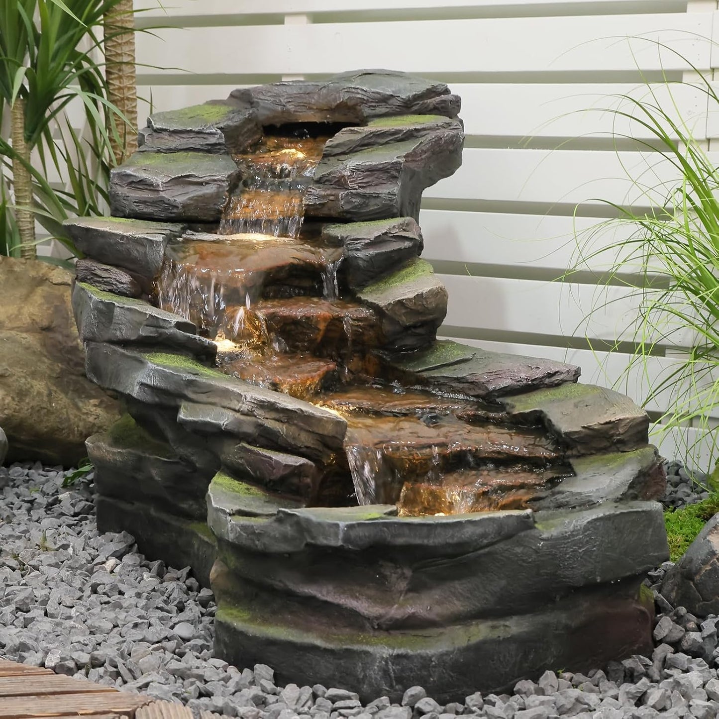 49" L Garden Outdoor Water Fountain 5-Tiers Rock Natural Waterfall Fountains Floor Standing Water Features with LED Lights for Patio, Porch, Home Art Decor