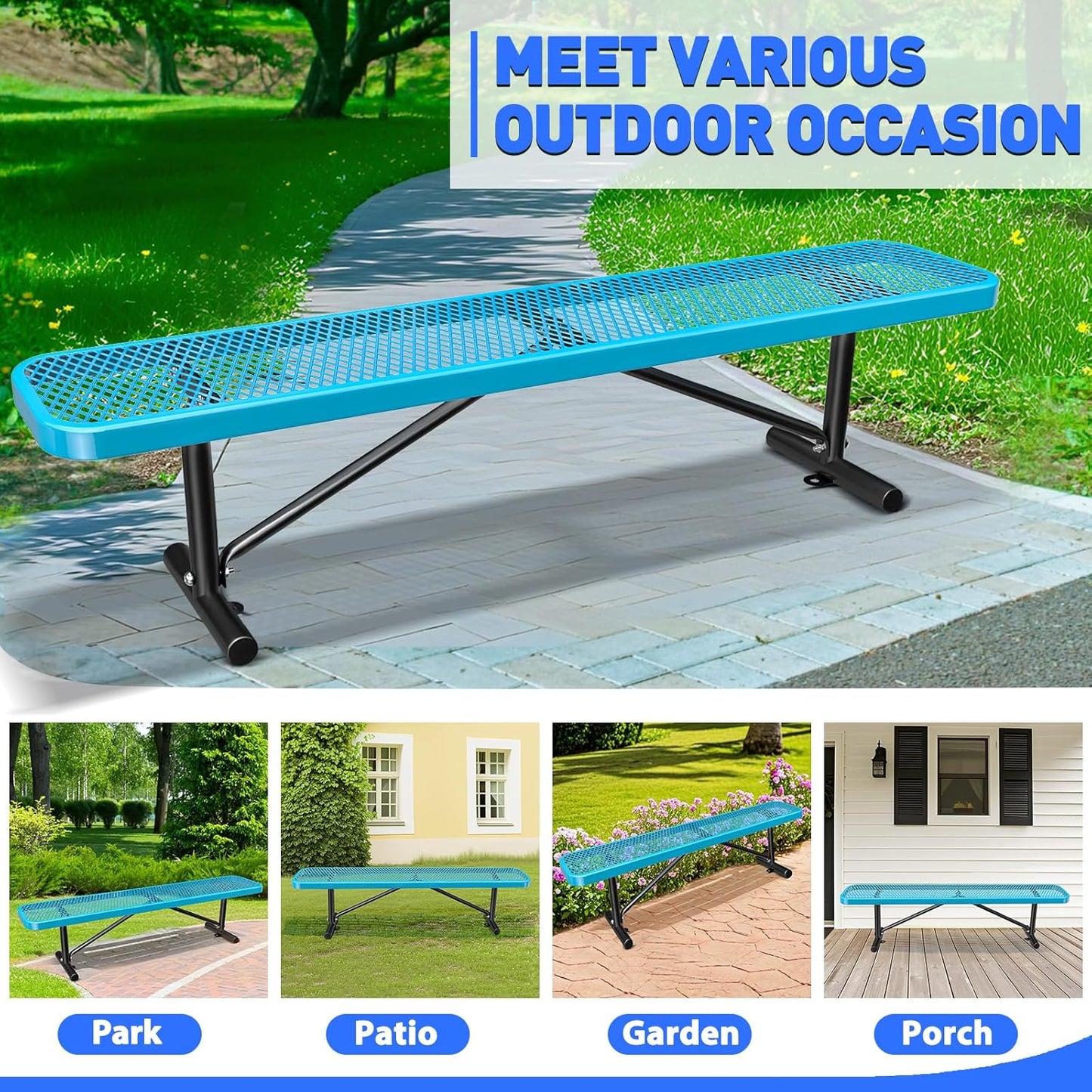 Thermoplastic Coated Iron Park Bench for Outside, Heavy Duty Metal Garden Bench, Expanded Commercial Grade Seating for Shopping Malls, Lawn Yard Porch Entryway (Blue Without Backrest, 48IN)