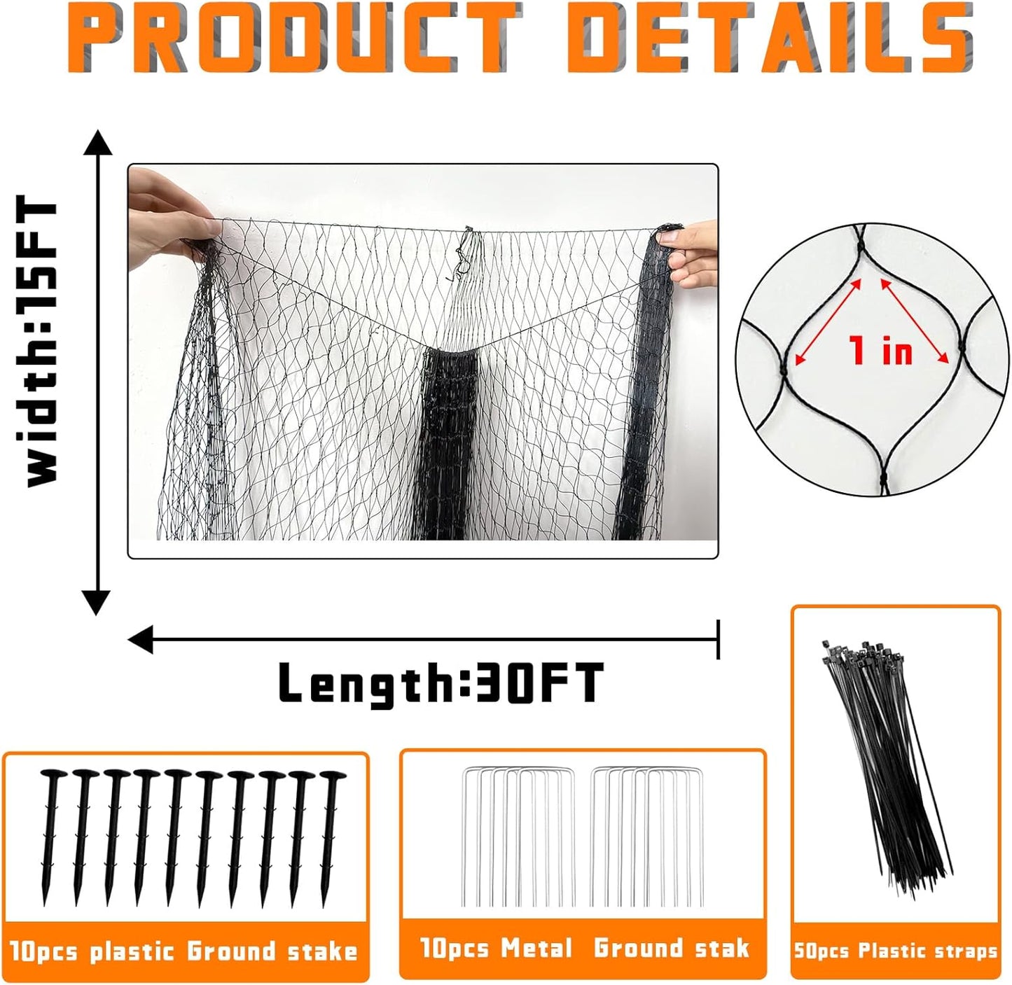 Bird Netting for Garden Heavy Duty Nylon Mesh Garden Netting for Garden Protection Bird Fence Plant Netting Protection Against Birds, Deer, Squirrels and Other Animals (15x30FT)