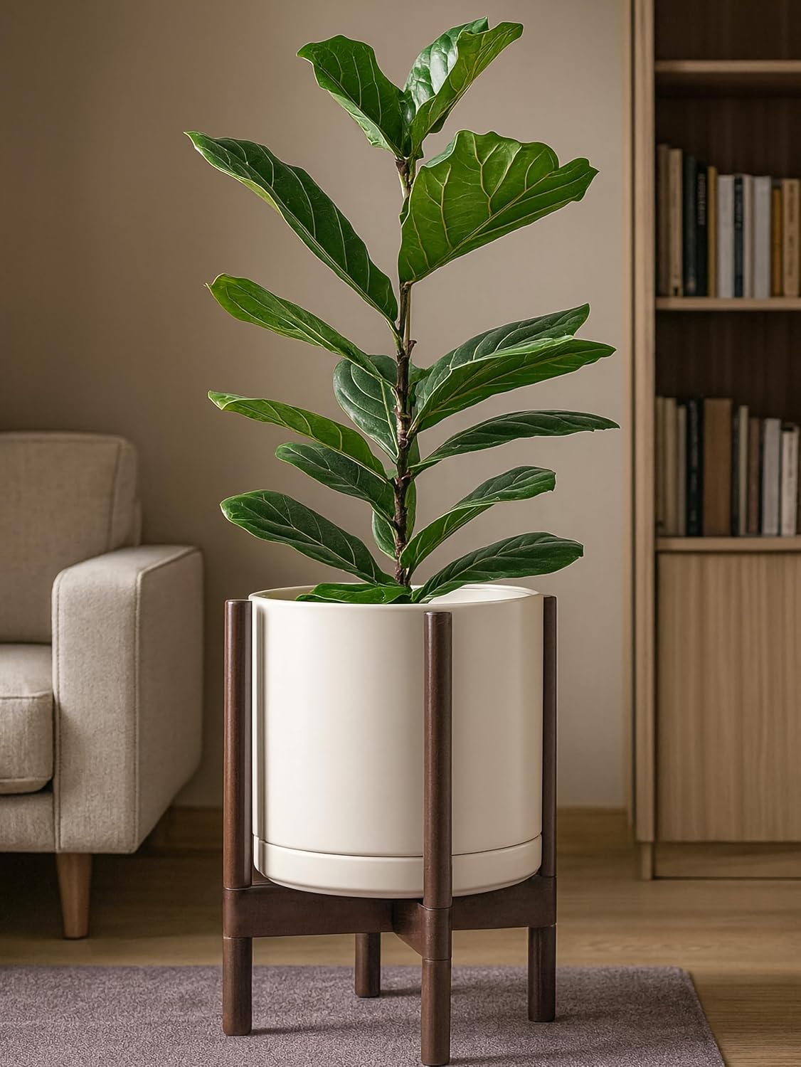 D'vine Dev Ceramic Planter with Walnut Color Stand - 12 Inch Modern Round Flower Pot with Wood Planter Holder, Oatmeal, 55-B-W-8