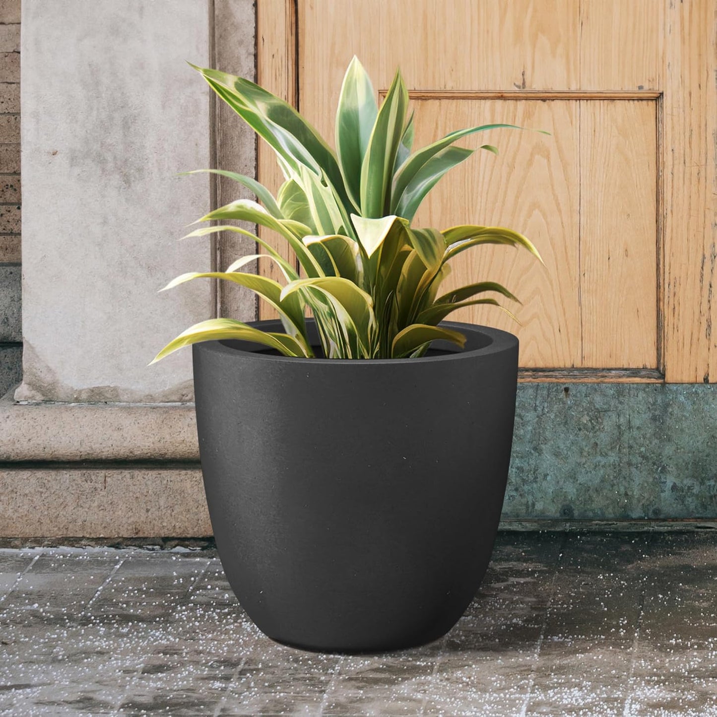 Kante 18 Inch Dia Round Concrete Planter, Indoor Outdoor Large Plant Pot with Drainage Hole and Rubber Plug for Home Patio Garden, Black